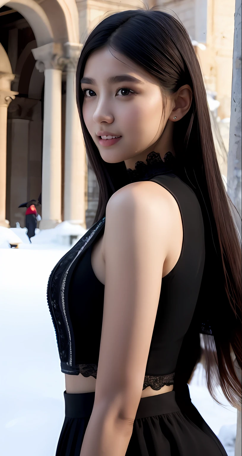 Masterpiece, Realistic, Hyperrealistic, Best quality, rinoa,2 girls,duo,In Castel Sant'Angelo in Rome,navel,winter,Snow,crowd, Long hair, Black hair, arm warmer, sleeveless coat, Black shirt, arm ribbon, Upper body, From the side Side, (Smile), Wind, RAW photo, Delicate, (Intricate details:1.3), hyper-detailing, finely detailed, Colorful, dark shadow, 1girll, Solo, 8K  UHD, filmgrain, (Photorealistic:1.3), (Detailed skin:1.2), Beautiful detailed eyes, skin textures, sun light,