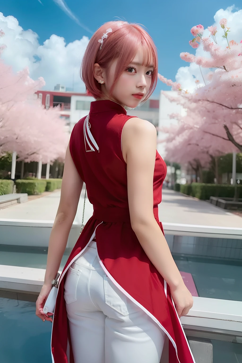 1girl, red dress, white jeans, short hair, pink hair, ultra detail, realistic, 70mm lens