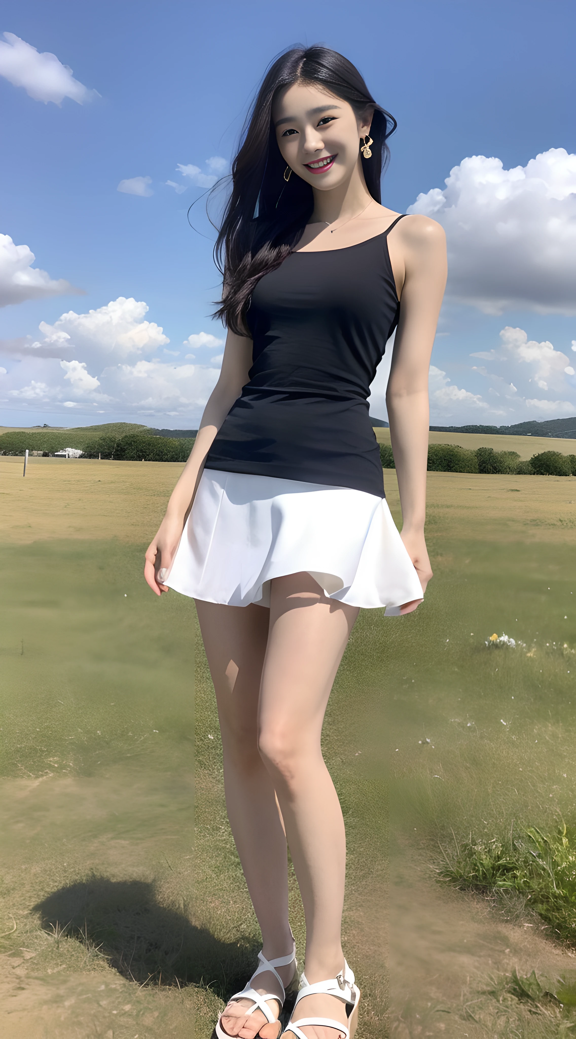 a young, Beautiful cute girl,Full body photo,Extremely beautiful and delicate,Black color hair,A sweet smile,Delicate and beautiful fair skin,Realistic and realistic,exquisite and complete facial features,Detailed depiction of the face,tall nose bridge,Smooth hair,extremely detail hair,Feminine temperament,Fill your face light,Tall and tall,Thin,Realiy,White teeth,Hyper-realism,sandals,full body shot shot,Forward tilt angle,Extreme picture quality,Highest precision,Precise and perfect human anatomy。with blue sky and white clouds,Sitting on the Steppe,with blue sky and white clouds,rays of sunshine,Cows, sheeps, (White chiffon skirt)(telephoto shot,)Express the landscape,Highlight portrait。Wearing earrings
