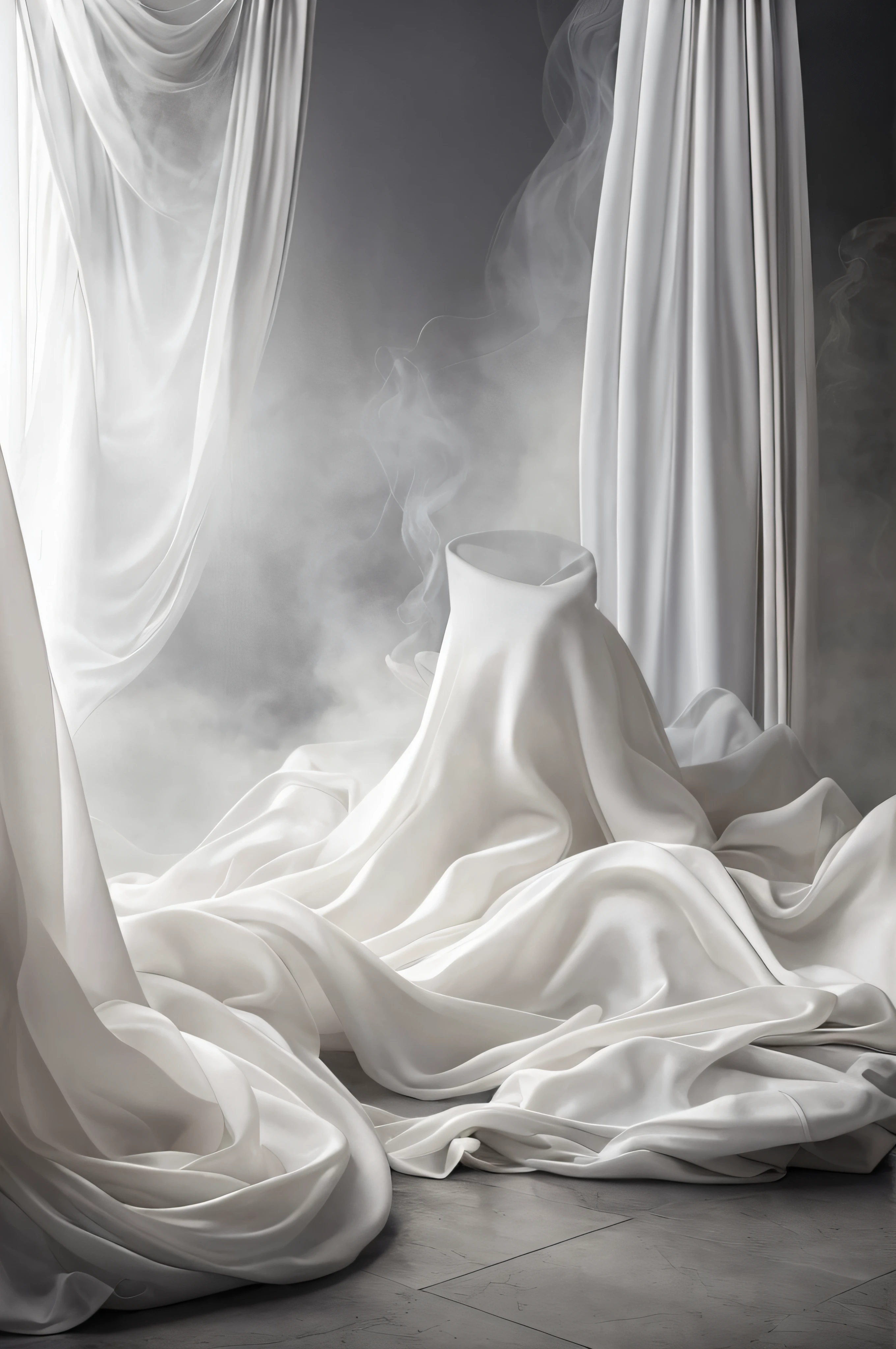 there is a white cloth covering a woman in a bed, flowing cloth and smoke, flowing realistic fabric, flowing white robes, endless flowing ethereal drapery, spirits covered in drapery, flowing fabric, ethereal curtain, foggy room, draped in flowing fabric, dreamy atmosphere and drama, fully covered in drapes, draped in transparent cloth, white cloth