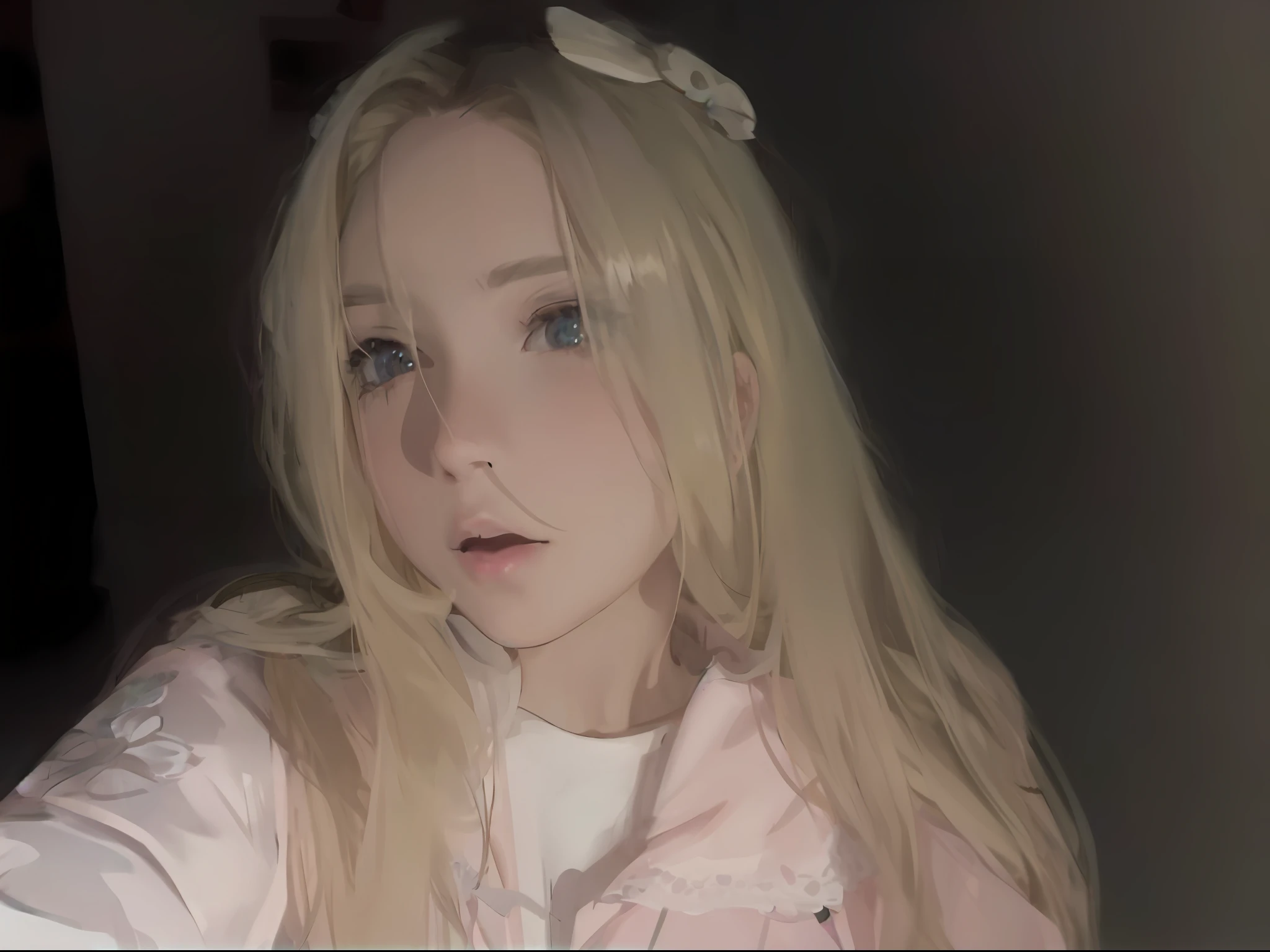 Sweet girl, dark eyes, blonde hair, Pink body cape, taking selfies, Anime style, high detail
