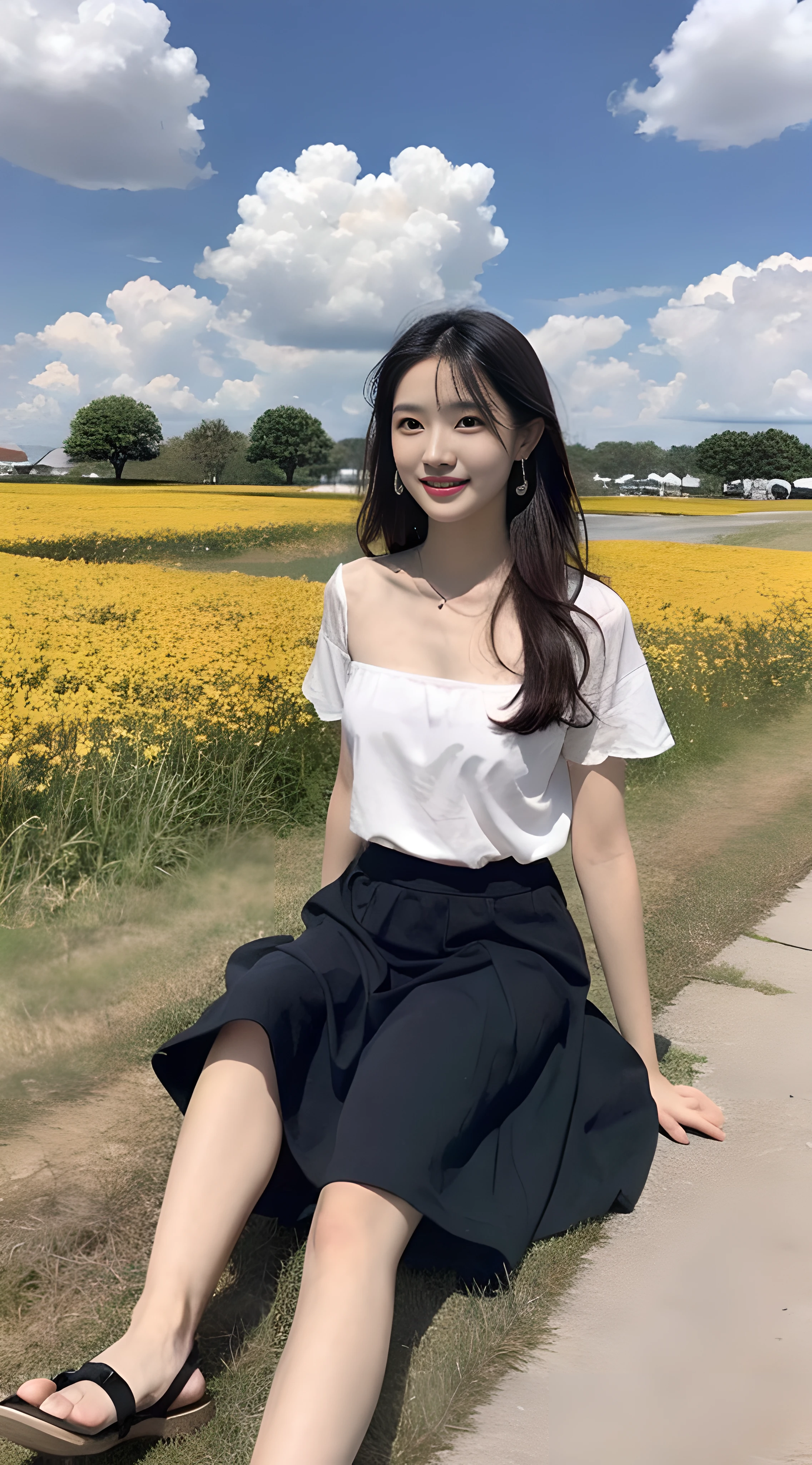 a young, Beautiful cute girl，Full body photo，Extremely beautiful and delicate，Black color hair，A sweet smile，Delicate and beautiful fair skin，Realistic and realistic，exquisite and complete facial features，Detailed depiction of the face，tall nose bridge，Smooth hair，extremely detail hair，Feminine temperament，Fill your face light，Tall and tall，Thin，Realiy，White teeth，Hyper-realism，sandals，full body shot shot，Forward tilt angle,Extreme picture quality,Highest precision,Precise and perfect human anatomy。with blue sky and white clouds，Sitting on the Steppe，with blue sky and white clouds，rays of sunshine，Cows, sheeps, (White chiffon skirt)（telephoto shot，）Express the landscape，Highlight portrait。Wearing earrings