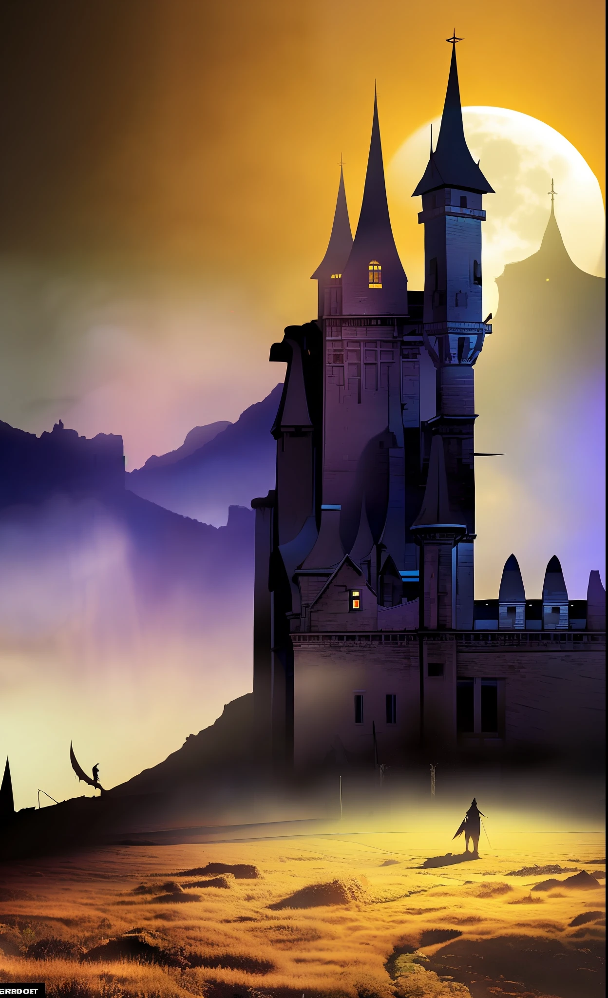 A dark and eerie image featuring a fantasy fortress under the moonlight，gothicpunkai ，vibrant colors, gothic architecture, ominous atmosphere, illustration