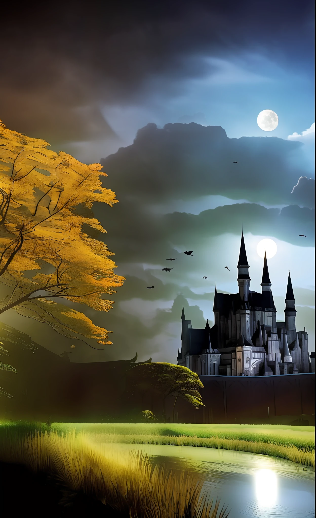 A dark and eerie image featuring a fantasy fortress under the moonlight，gothicpunkai ，vibrant colors, gothic architecture, ominous atmosphere, illustration