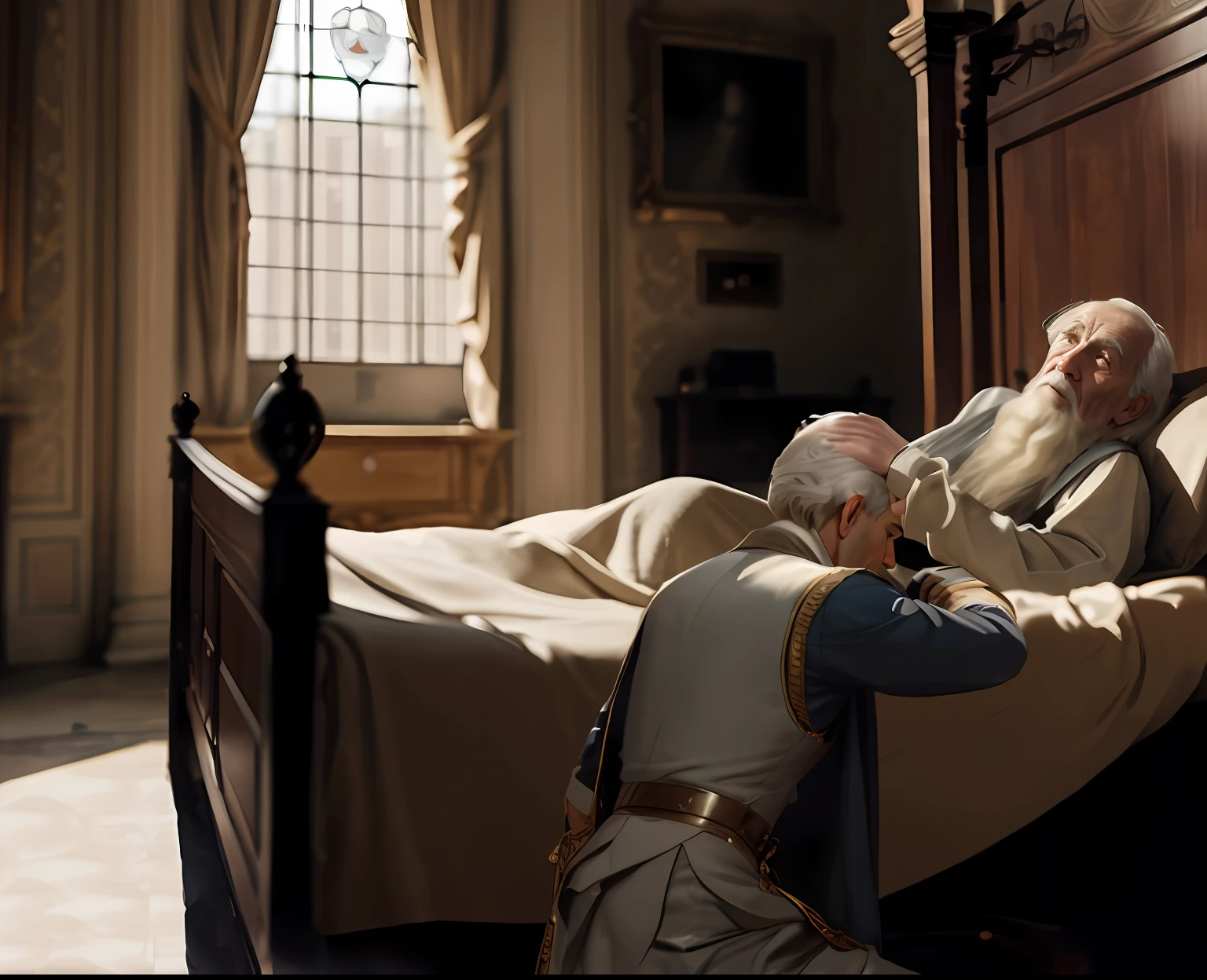 Old man lying in bed, Patting my son on the head