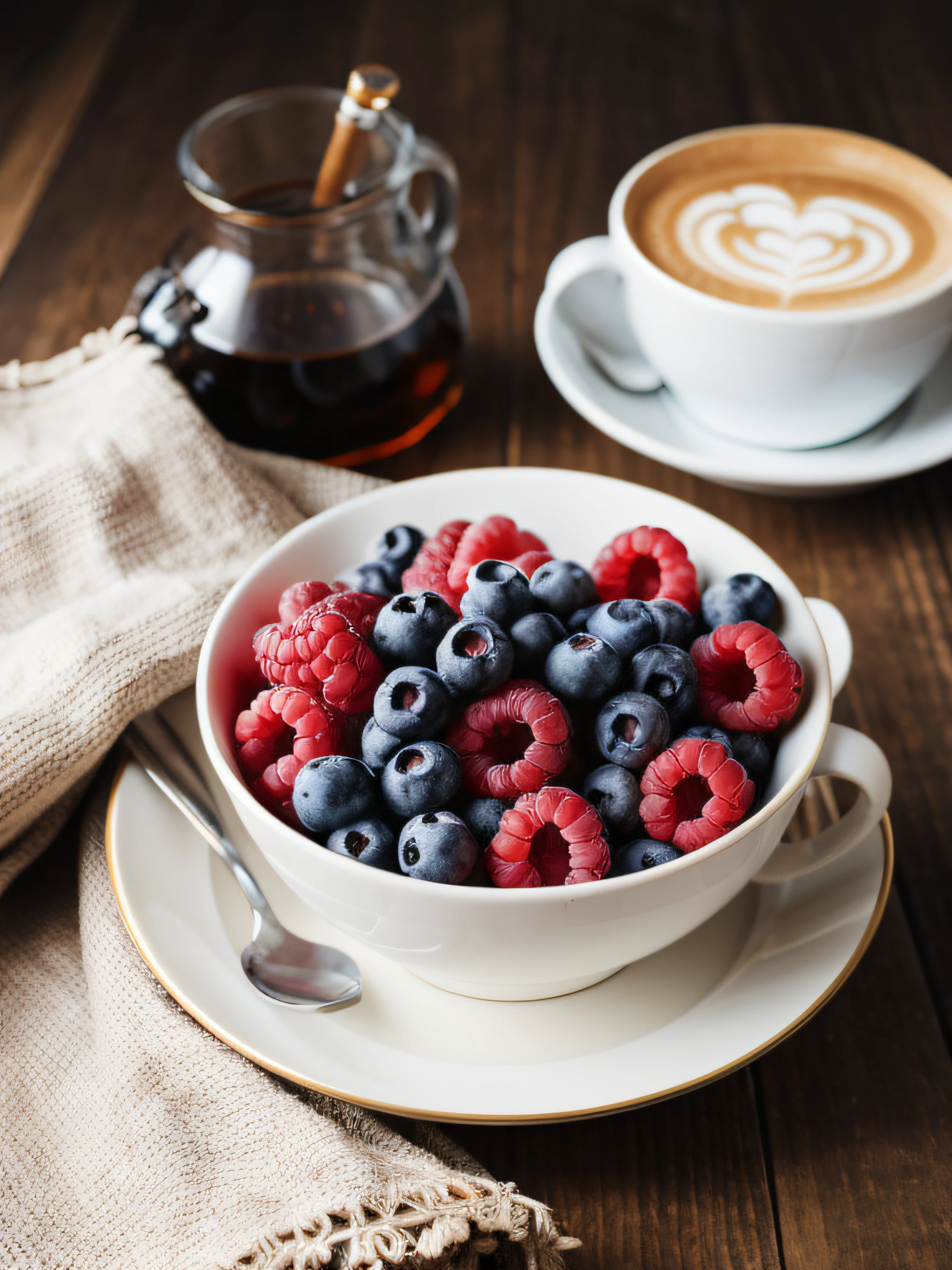 (masterpiece,best quality,highres,ultra_detailed:1.2),
simple background, still life, flowers,rule of thirds,
coffee,dessert,cream,berries,cloth