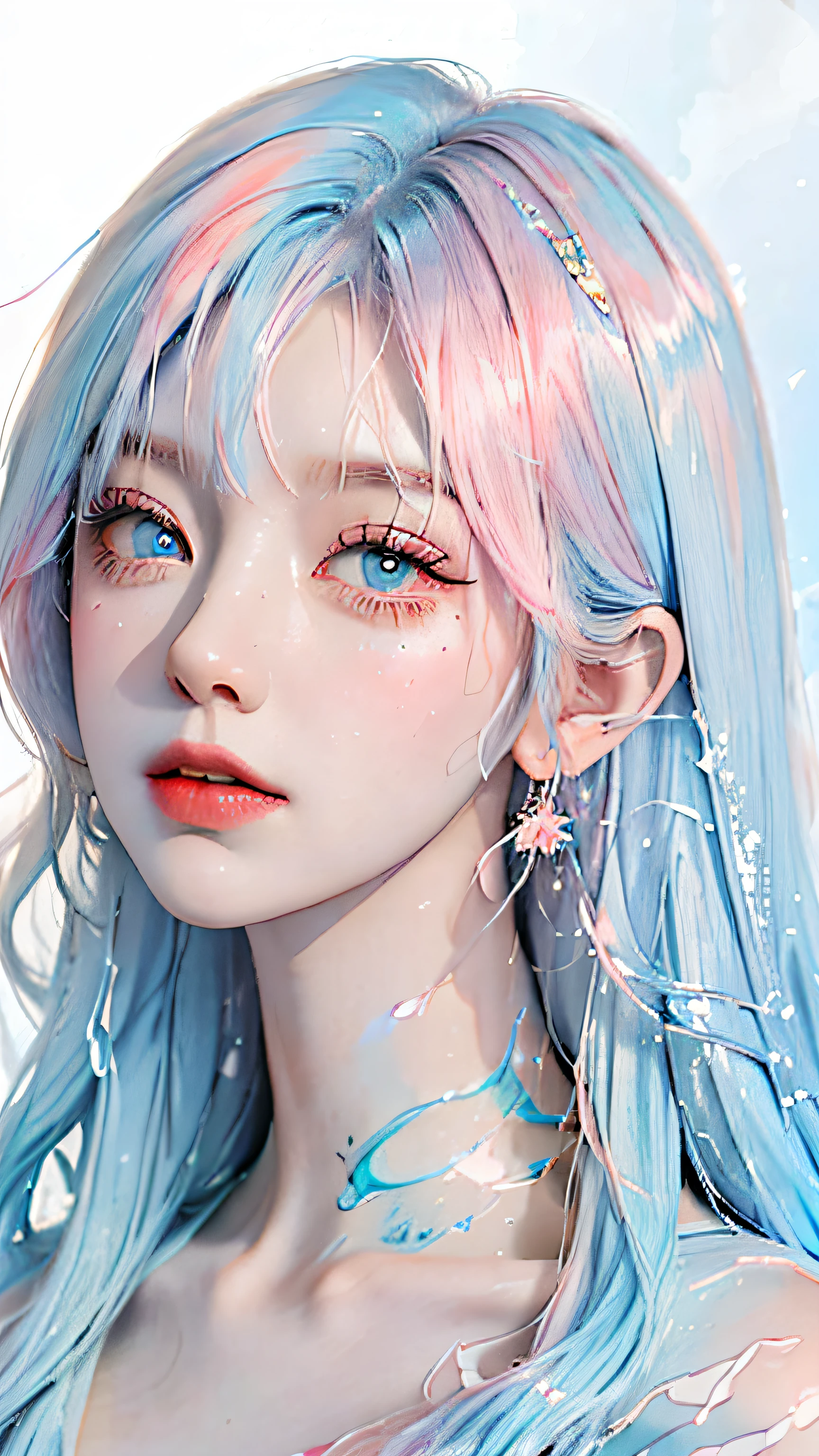 (Masterpiece, Best Quality, High Resolution), White Background, Acrylic Paint, ((Color Splash, Splash of Ink, Color Splash)), Sweet Chinese Girl, Long Light Blue Hair, [Light Blue|Pink] Hair, Curly Hair, Glitter, Peach Lips, White Shirt, Front, Upper Body