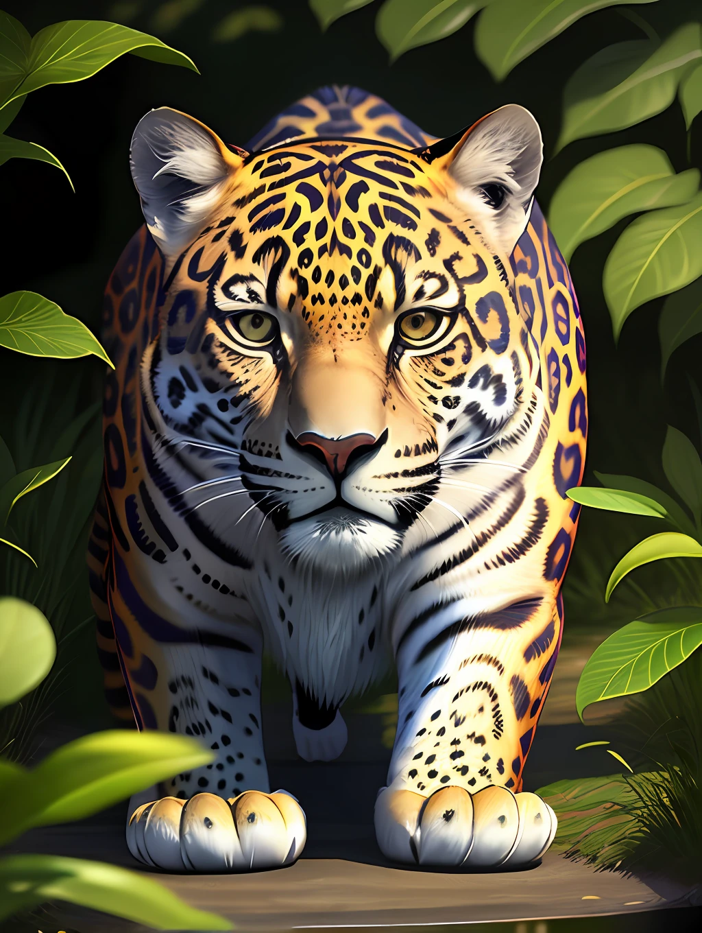 Beautiful jaguar, olhos abertos, imponente, lago, flores, and good lighting