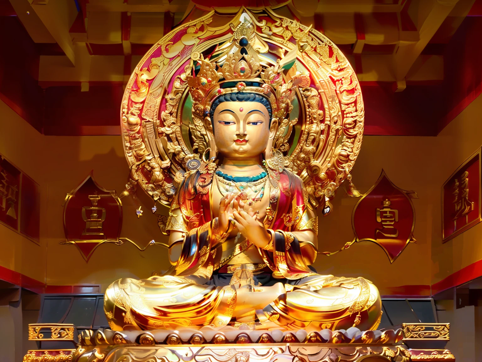 edd, Buddha, Maitreya Bodhisattva,Maitreya,A golden Buddha statue sits on top of a wooden box,There is a pearl necklace on the chest, 1boy, Bald, Barefoot, dark-skin_Male, Facial_Hair, Fat, jewelry, Male_Focus, necklace, , Solo