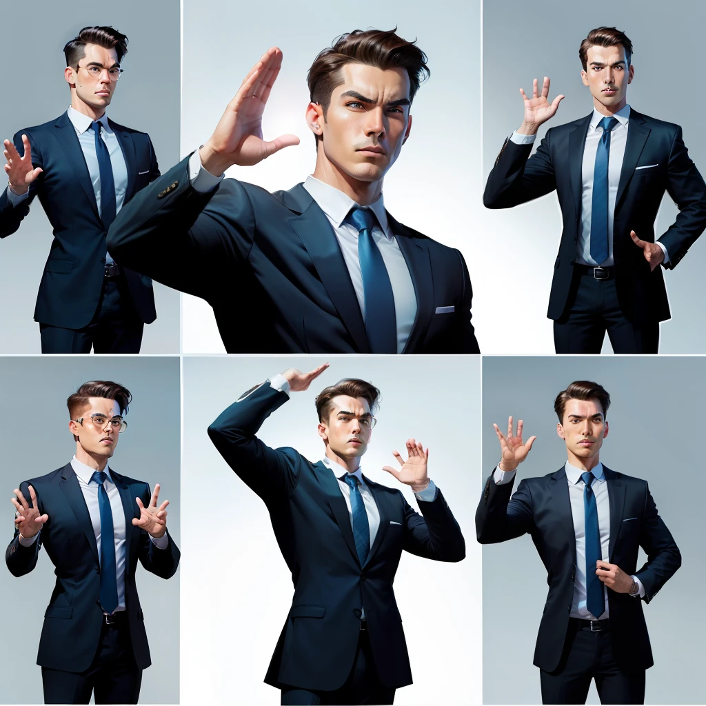 A 6-picture comic strip of a businessman waving his arm up and down，Comic book style comic strip，Arms waving businessman，6 picture comic strip