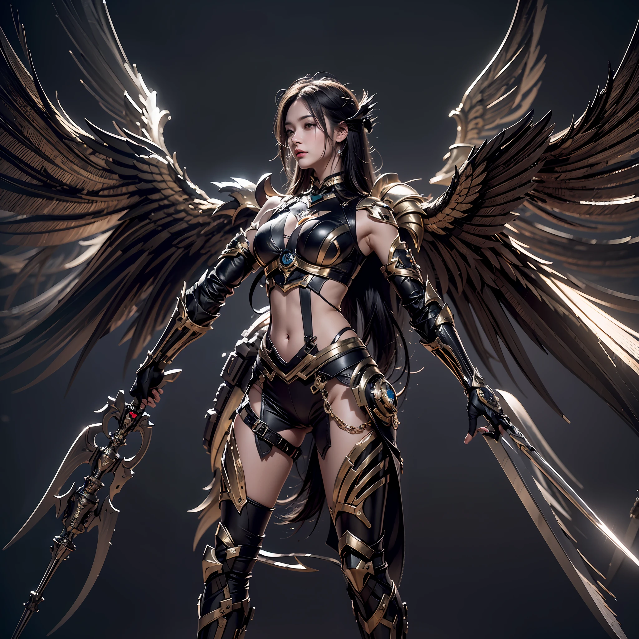 1girll,Dark Angel Warrior,(((On the back there is a pair of large black half-body wings))),Black titanium,Metal wings,((Metal wings)),((Black gold metal armor)),high detal,(beautifulface),Perfect facial features,red tinted hair,Black and gold greatsword,Futuristic technical background,apathy、Aloof、On the high horse,atmospurate、macro,Realistis,hdr(HighDynamicRange)、Ray traching、NVIDIA RTX、Hyper-Resolution、illusory 5、sub surface scattering、post-proces、Anisotropy Filtering、depth of fields、maximum definition and sharpness,Surface coloring、Accurately simulate light-material interactions、perfectly proportions、rendering by octane、largeaperture、Low ISO、White balance、the rule of thirds、8K raw data、lightand shade contrast