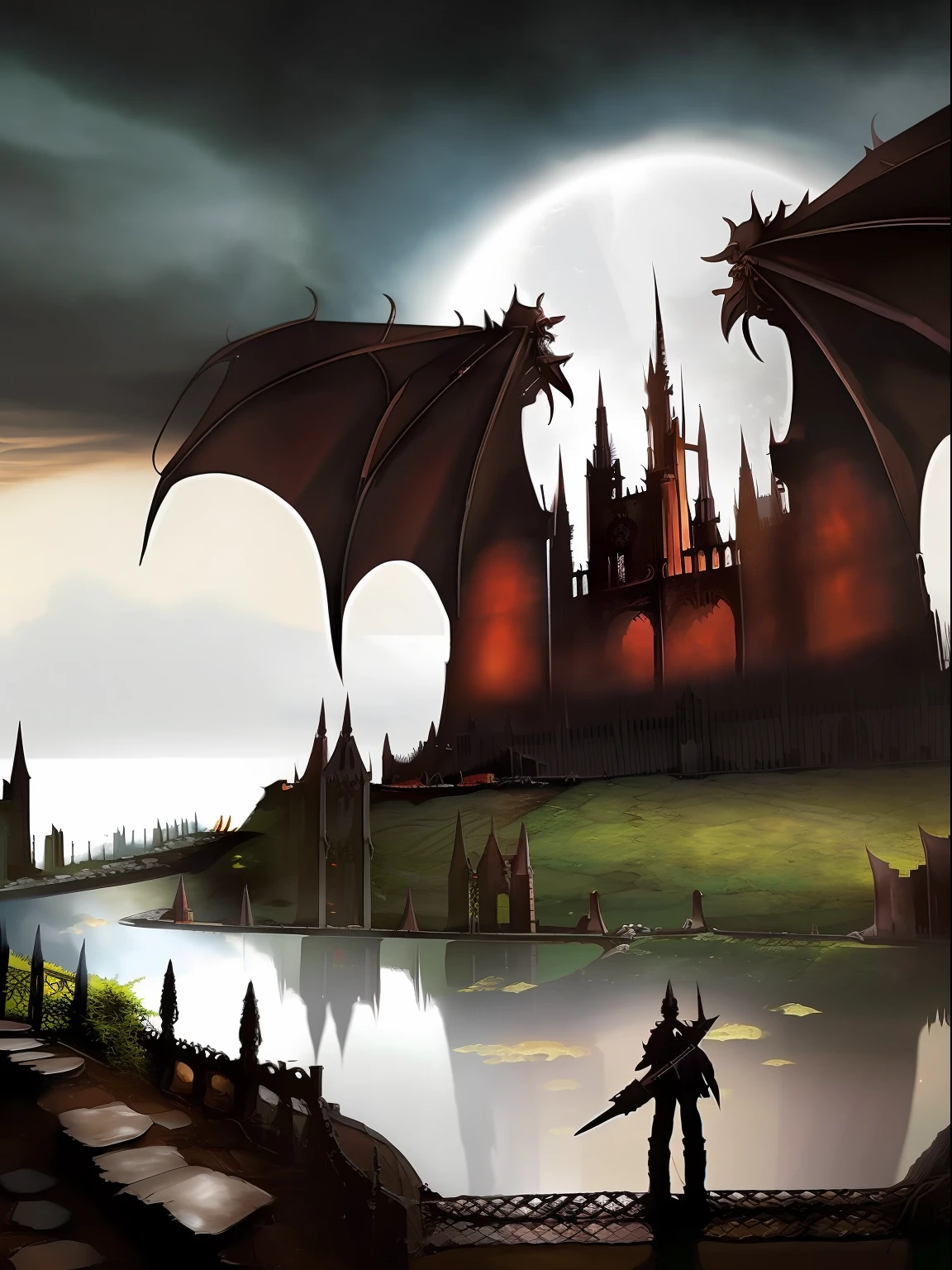 Breathtaking Gothic punk style artwork，A fantasy fortress is depicted in the moonlight. The architecture of the fortress is inspired by Gothic design, With intricate details and dark colors. The atmosphere was ominous and terrifying, The presence of bats and menacing clouds in the sky is enhanced. The image has rich intense colors and grit textures, Create a post-apocalyptic background，Entice your audience. This high-quality artwork is perfect for Gothic and fantasy-themed projects, Provides a sense of mystery and darkness，illustration，digitial painting