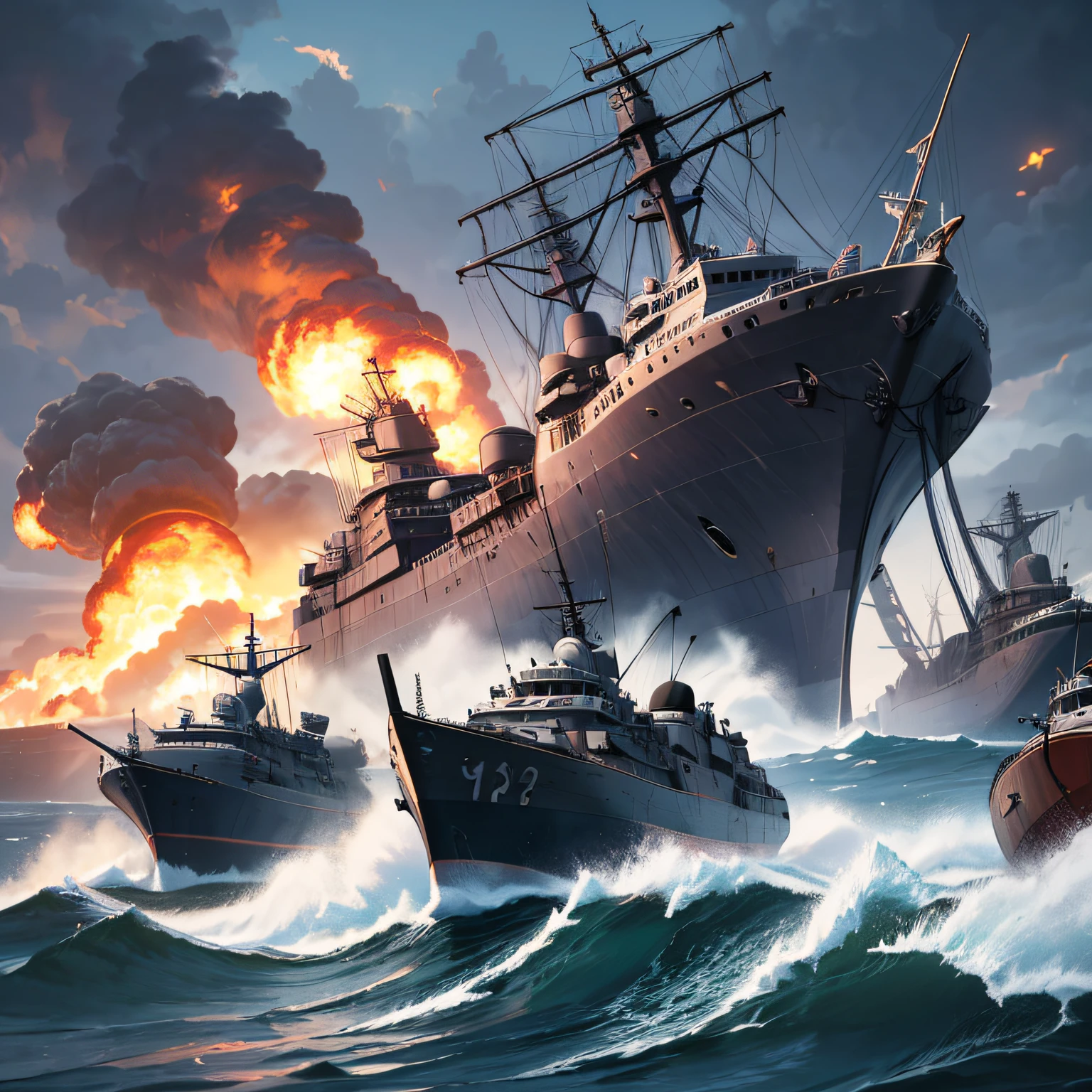 A lot of warships,combats,blasts,shock,battlefiled