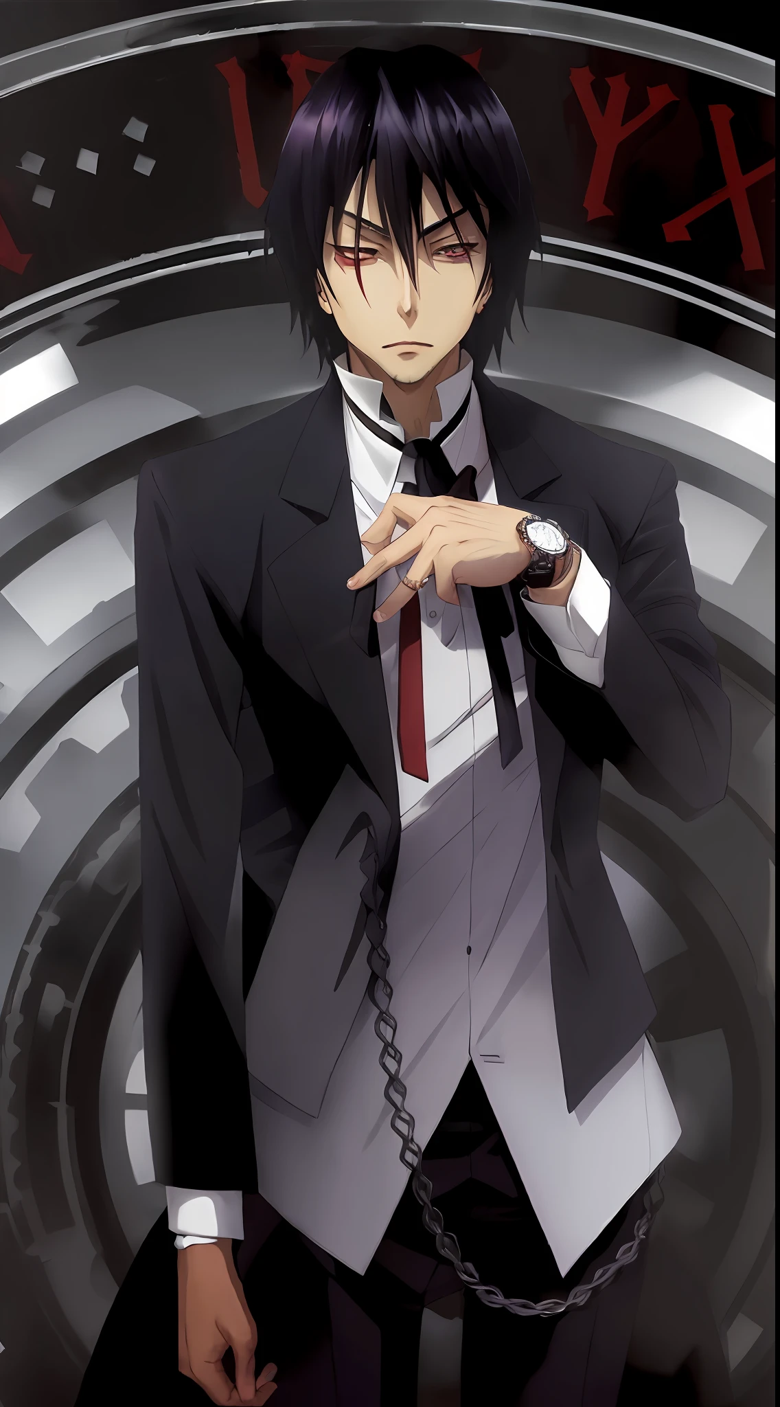 (((corpo inteiro))) Anime character in a suit, tie, pants and shoes, standing in front of a watch, sebastian michaelis, Ikuto Yamashita, inspired by Munakata Shikō, imagem de anime shuushuu, Okata Kazuto., visual chave anime de elegante, anime", vampiros de anime, ( ( ( anime ) ) ), O vampiro, Katekyo Hitman Renascido