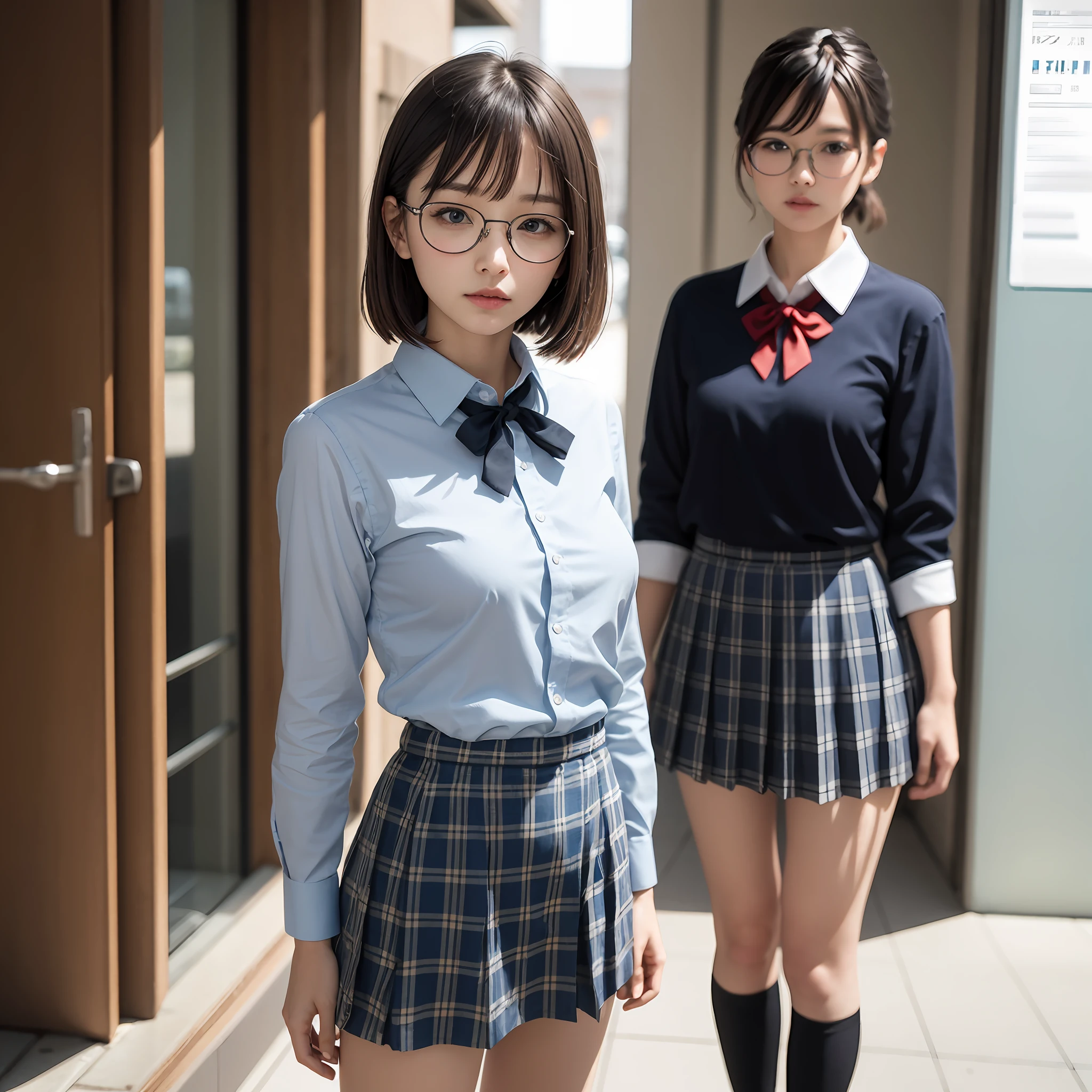 (8K、RAW Photography、best qulaity、masterwork:1.2),ren,beaut,shorter hair,One person, 独奏,eyewear,,Dark look,Small breasts,full - body,Round glasses、a Pretty、Japanese female,standing a,Hard-eyed,Skinny,Rasping,anger,small tits,flat breasts(Realistic、photorealestic:1.37)、best qulaity、extra high resolution、Photon Mapping、、Light blue ribbon,Realistic、Cute little face,short hair ponytail,brown eyess、Black socks、Red bow tie、radiocity、Physically Based Rendering、Blurred、foreground、Depth-of-field、Blurry background、photos_\,The girls、Body, long legs, Thin leg, Medium hair,(Bangs are visible), Hair_ornament, s lips, Blue_eyes on, nosesoft, Light blue shirt, Navy blue and white plaid pleated skirt, Sheer clothing, Black loafers, Thigh, Black cotton socks,