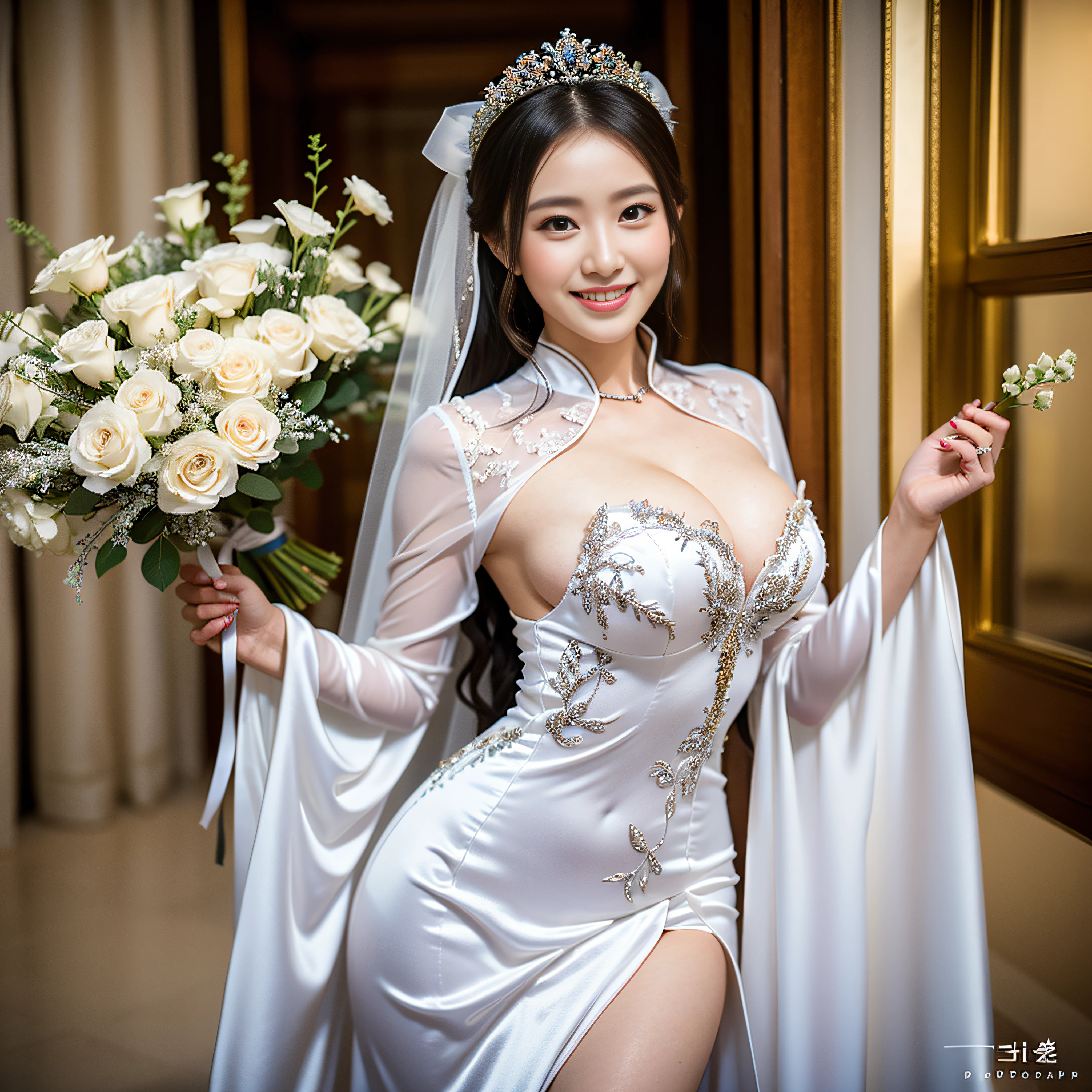 Alafi woman in white prom dress with bouquet of flowers, Photograph Taken on Nikon D750, Photo taken with Nikon D 7 5 0, beautiful Korean women, weddingdress,Silk Fabric,High-grade fabrics,Lots of flower embroidery, chinese princess, Korean female, Beautiful young Korean woman, huge tit,large full breasts,wedding photos, Korean Girl,Happy smile, professional wedding photography, palatial palace ， a girl in hanfu