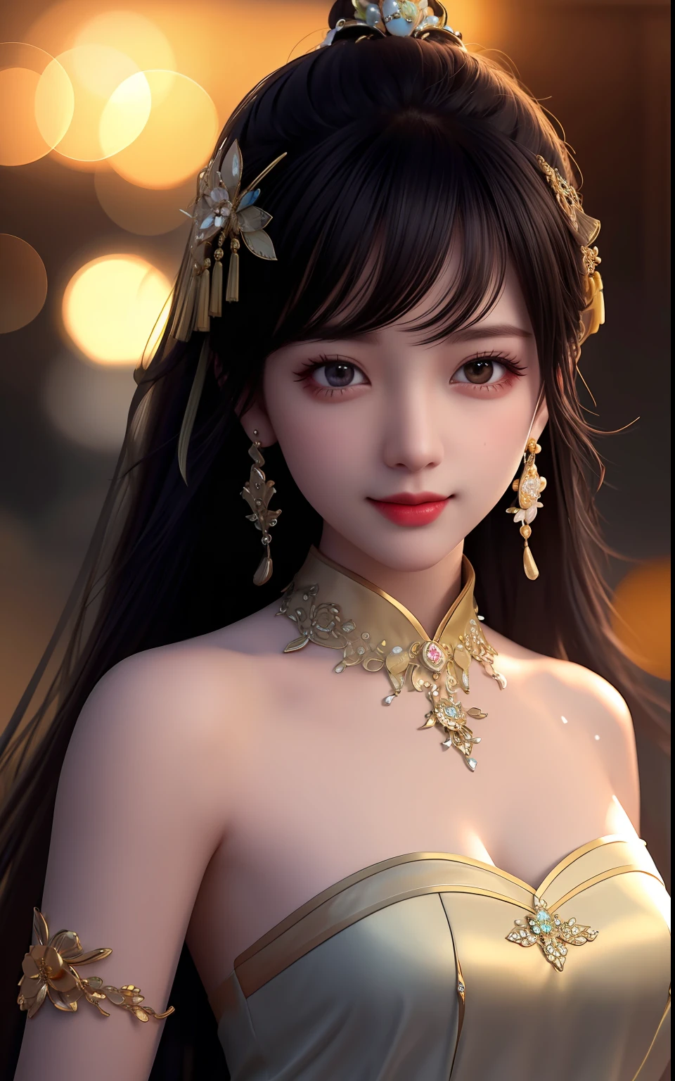 best quality, masterpiece, highres, 1girl, transparent silk china dress, beautiful face, hair ornament, looking at viewer, smile, closed mouth,lips, dress,hair ornament, necklace, jewelry, long hair, earrings, Beautiful face,upon_body, tyndall effect,photorealistic, dark studio, rim lighting, two tone lighting,(high detailed skin:1.2), 8k uhd, dslr, soft lighting, high quality, volumetric lighting, candid, Photograph, high resolution, 4k, 8k, Bokeh