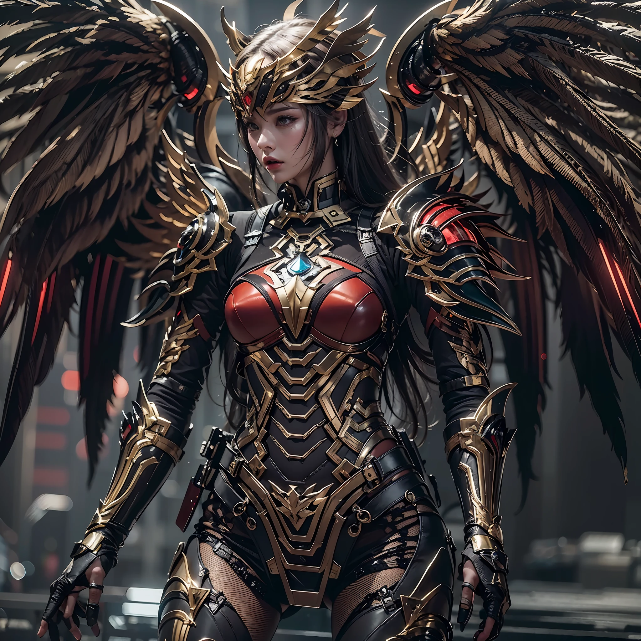 1girll，Dark Angel Warrior，(((On the back there is a pair of large black half-body wings)))，Black titanium，Metal wings，（（Metal wings）），（（Black gold metal armor）），high detal，（beautifulface），Perfect facial features，red tinted hair，Black and gold greatsword，Futuristic technical background，apathy、Aloof、On the high horse，atmospurate、macro，Realistis，hdr（HighDynamicRange）、Ray traching、NVIDIA RTX、Hyper-Resolution、illusory 5、sub surface scattering、post-proces、Anisotropy Filtering、depth of fields、maximum definition and sharpness，Surface coloring、Accurately simulate light-material interactions、perfectly proportions、rendering by octane、largeaperture、Low ISO、White balance、the rule of thirds、8K raw data、lightand shade contrast