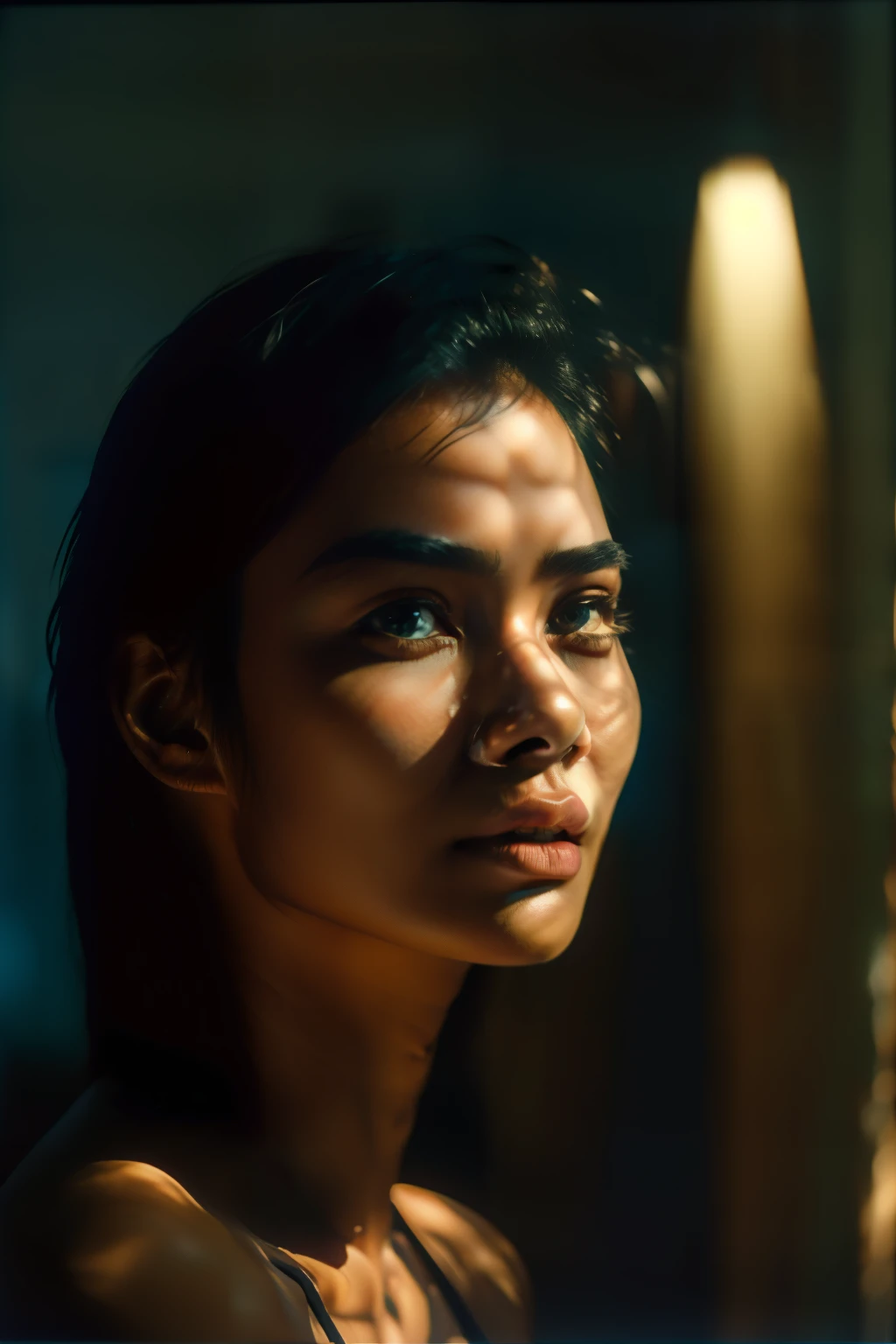 (close-up, editorial photograph of a 21 year old Bangladeshi woman, attractive eyes), (highly detailed face:1.4) (smile:0.7) (background inside dark, moody, private study:1.3) POV, by lee jeffries, nikon d850, film stock photograph ,4 kodak portra 400 ,camera f1.6 lens ,rich colors ,hyper realistic ,lifelike texture, dramatic lighting , cinestill 800,