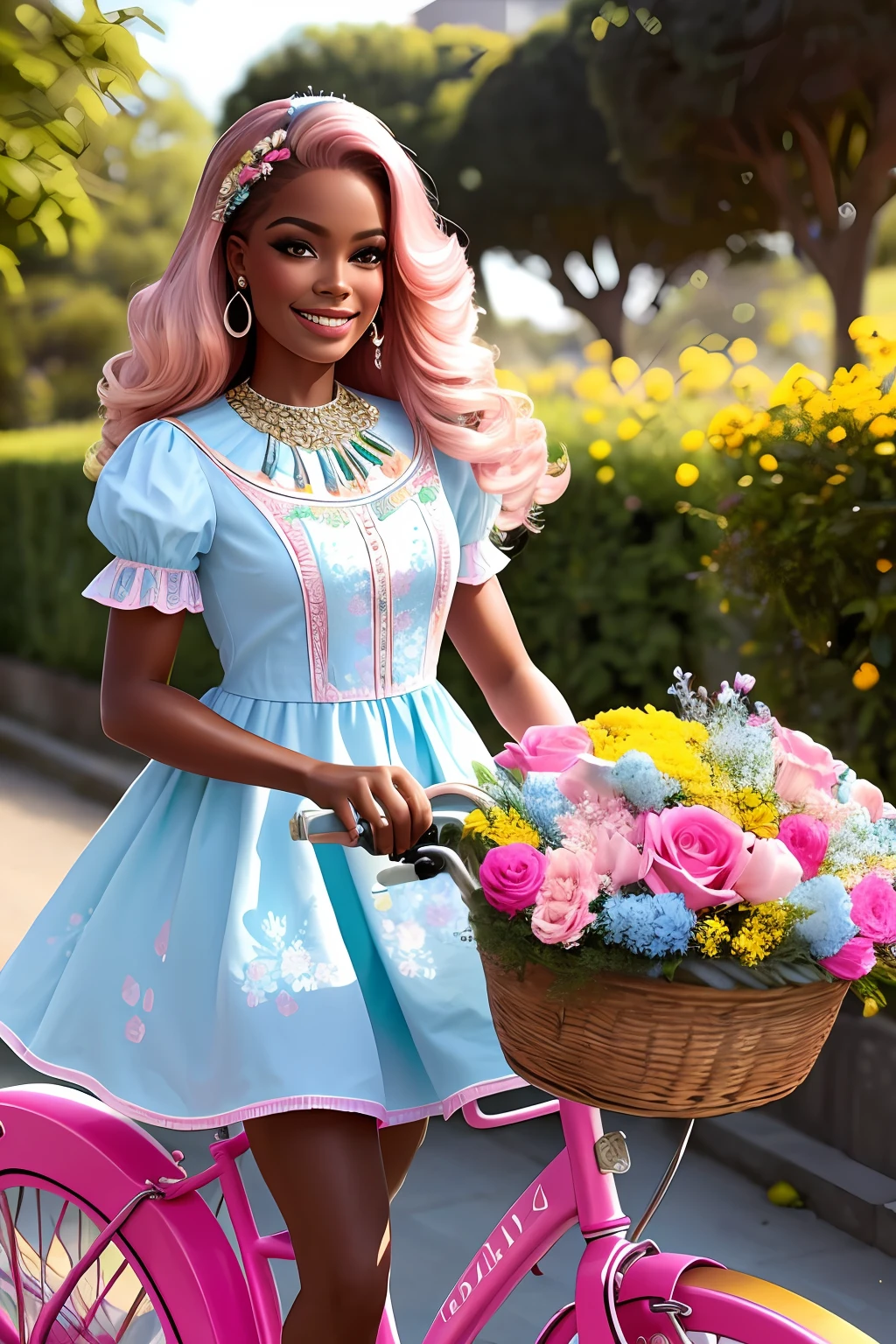 (64k, foto RAW, melhor qualidade, obra-prima: 1.2), ultra-detalhado, arte formal, fotorrealismo: 1.37, foto na parte superior do corpo, mulher ((AFRICANA,beleza, BARBIE,smiling and he smiles, pose sentada em uma bicicleta Pink),num vestido lindo florido azul e Rosa de alfaiataria ,repleta de flores rosa)muitas flores coloridas),cabelo encaracolado,canecalon