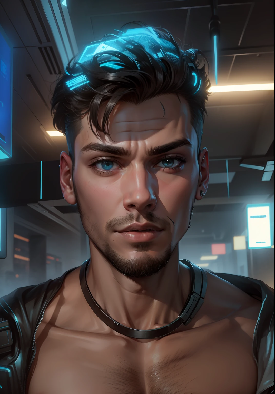 Change background , handsome cyberpunk boy with realistic face
