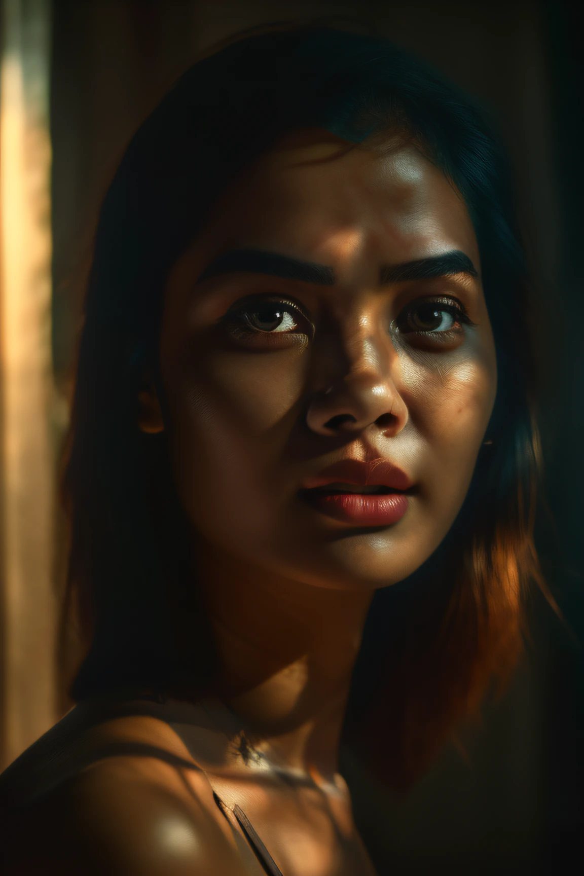 (close-up, editorial photograph of a 21 year old Bangladeshi woman, attractive eyes), (highly detailed face:1.4) (smile:0.7) (background inside dark, moody, private study:1.3) POV, by lee jeffries, nikon d850, film stock photograph ,4 kodak portra 400 ,camera f1.6 lens ,rich colors ,hyper realistic ,lifelike texture, dramatic lighting , cinestill 800,