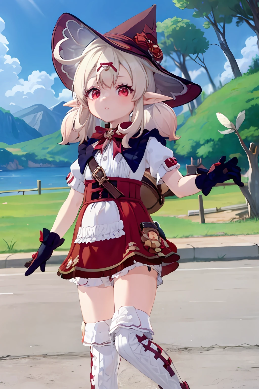 Klee is a girl about 4 years fair skin and light red eyes. Blonde hair in a ponytail, possesses a pair of elf-like accounts, wears a red, keyhole tassel over the white dress and shorts underneath, wears a soft, breathable scarf, high socks to the knees, boots and a brown backpack. Attached to the backpack is Dodoco, wearing a newspaperman's hat, with a clover-shaped badge and two feathers.