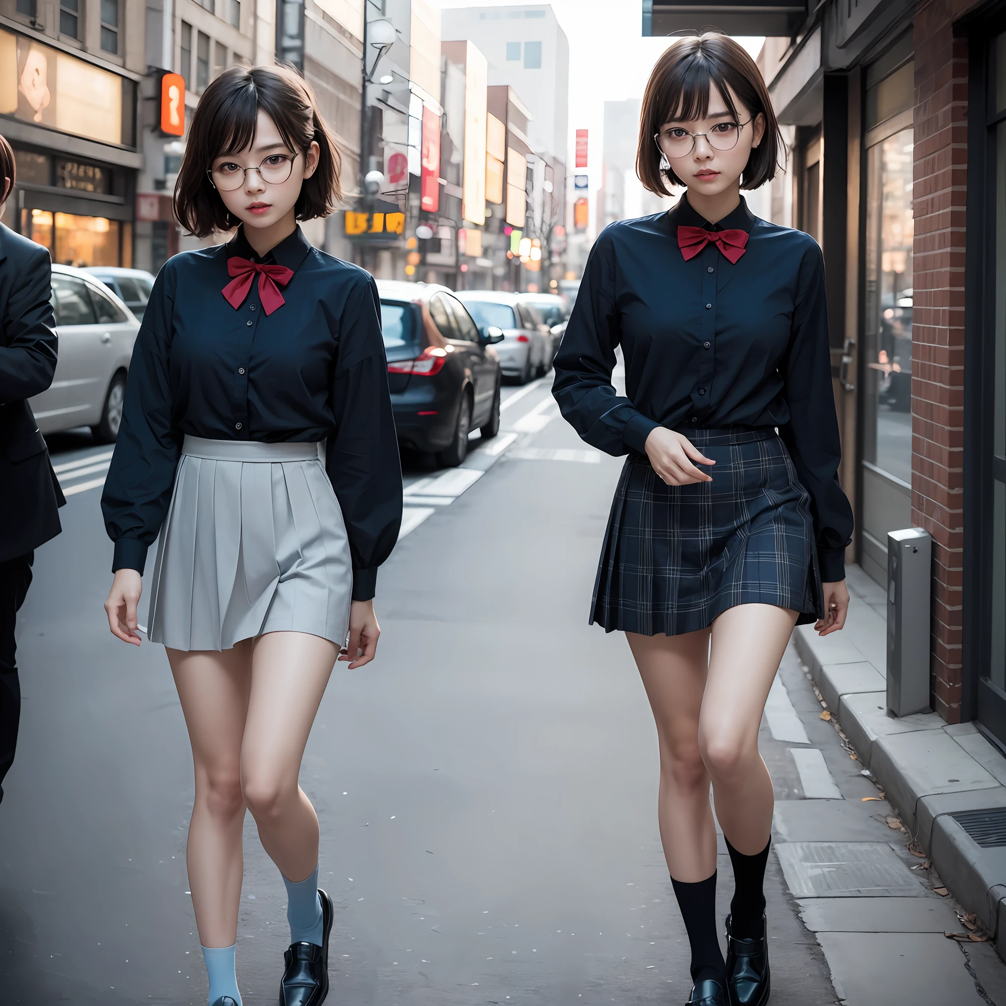 （8K、RAW Photography、best qulaity、masterwork：1.2）,ren,beaut,shorter hair,One person, 独奏,eyewear,,Dark look,Small breasts,full - body,Round glasses、a Pretty、Japanese female,standing a,Hard-eyed,Skinny,Rasping,anger,small tits,flat breasts（Realistic、photorealestic：1.37）、best qulaity、extra high resolution、Photon Mapping、、Light blue ribbon,Realistic、Cute little face,short hair ponytail,brown eyess、Black socks、Red bow tie、radiocity、Physically Based Rendering、Blurred、foreground、Depth-of-field、Blurry background、photos_\,The girls、Body, long legs, Thin leg, Medium hair,(Bangs are visible), Hair_ornament, s lips, Blue_eyes on, nosesoft,  Light blue shirt, Navy blue and white plaid pleated skirt, Sheer clothing, Black loafers, Thigh, Black cotton socks,