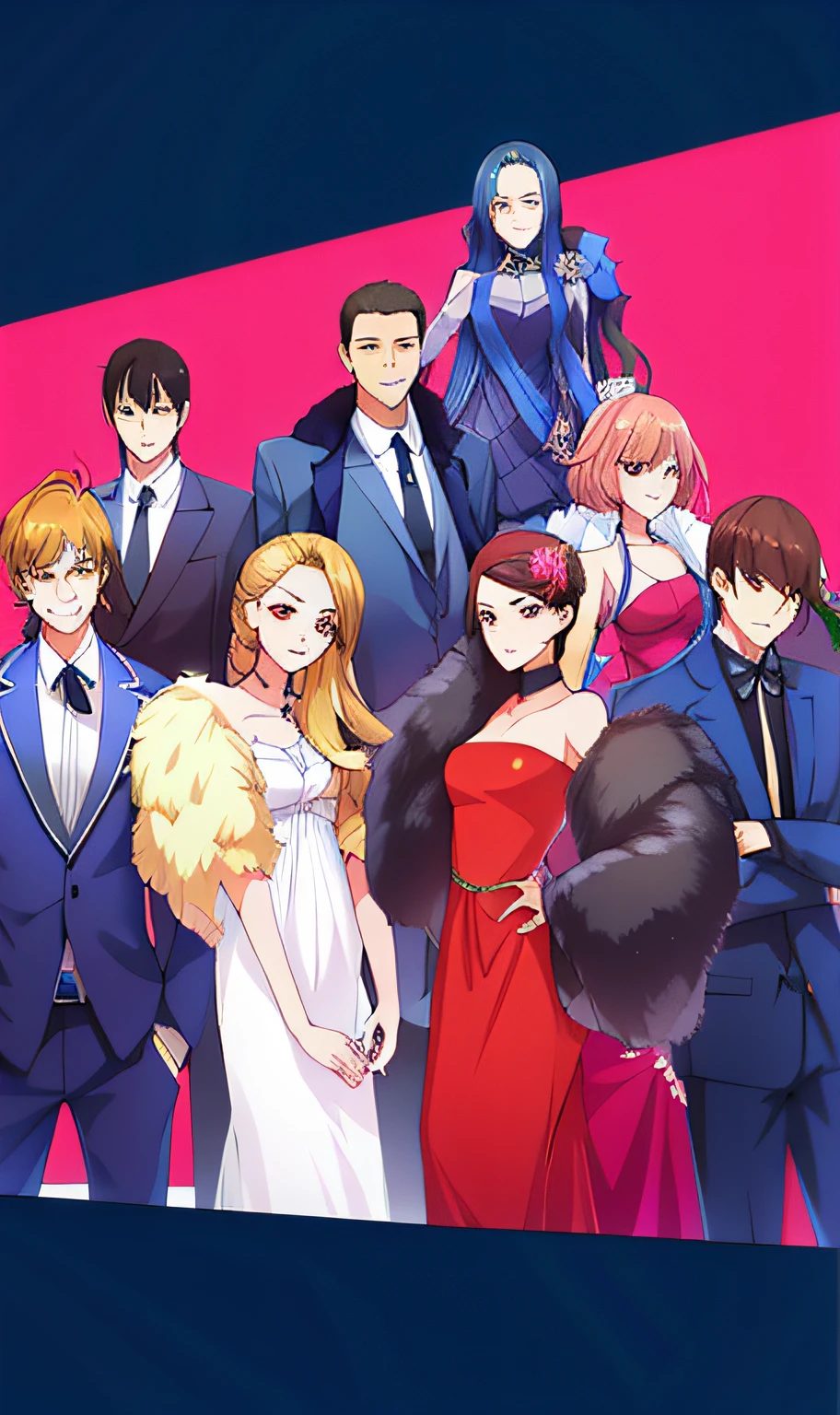 Four men in suits and four women in fancy dresses pose together, anime style,high quality