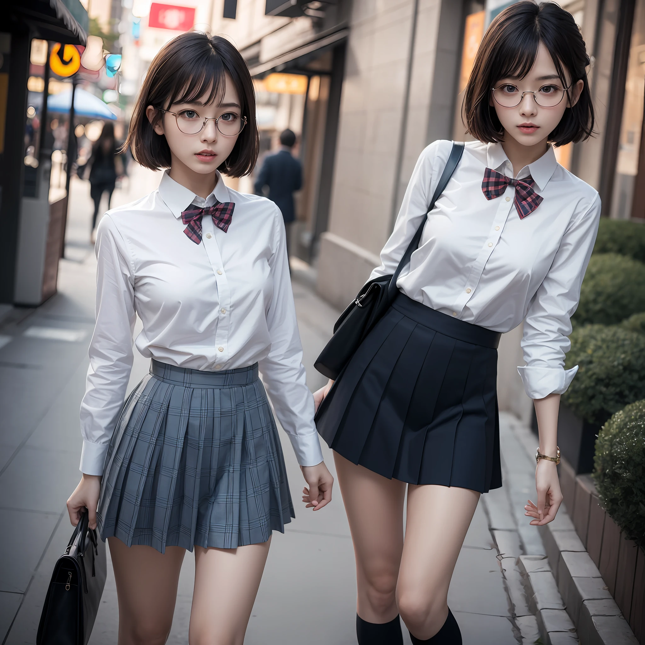 (8K、RAW Photography、best qulaity、masterwork:1.2),ren,beaut,shorter hair,One person, 独奏,eyewear,,Dark look,Small breasts,full - body,Round glasses、a Pretty、Japanese female,standing a,Hard-eyed,Skinny,Rasping,anger,small tits,flat breasts(Realistic、photorealestic:1.37)、best qulaity、extra high resolution、Photon Mapping、、Light blue ribbon,Realistic、Cute little face,short hair ponytail,brown eyess、Black socks、Red bow tie、radiocity、Physically Based Rendering、Blurred、foreground、Depth-of-field、Blurry background、photos_\,The girls、Body, long legs, Thin leg, Medium hair,(Bangs are visible), Hair_ornament, s lips, Blue_eyes on, nosesoft, Light blue shirt, Navy blue and white plaid pleated skirt, Sheer clothing, Black loafers, Thigh, Black cotton socks,