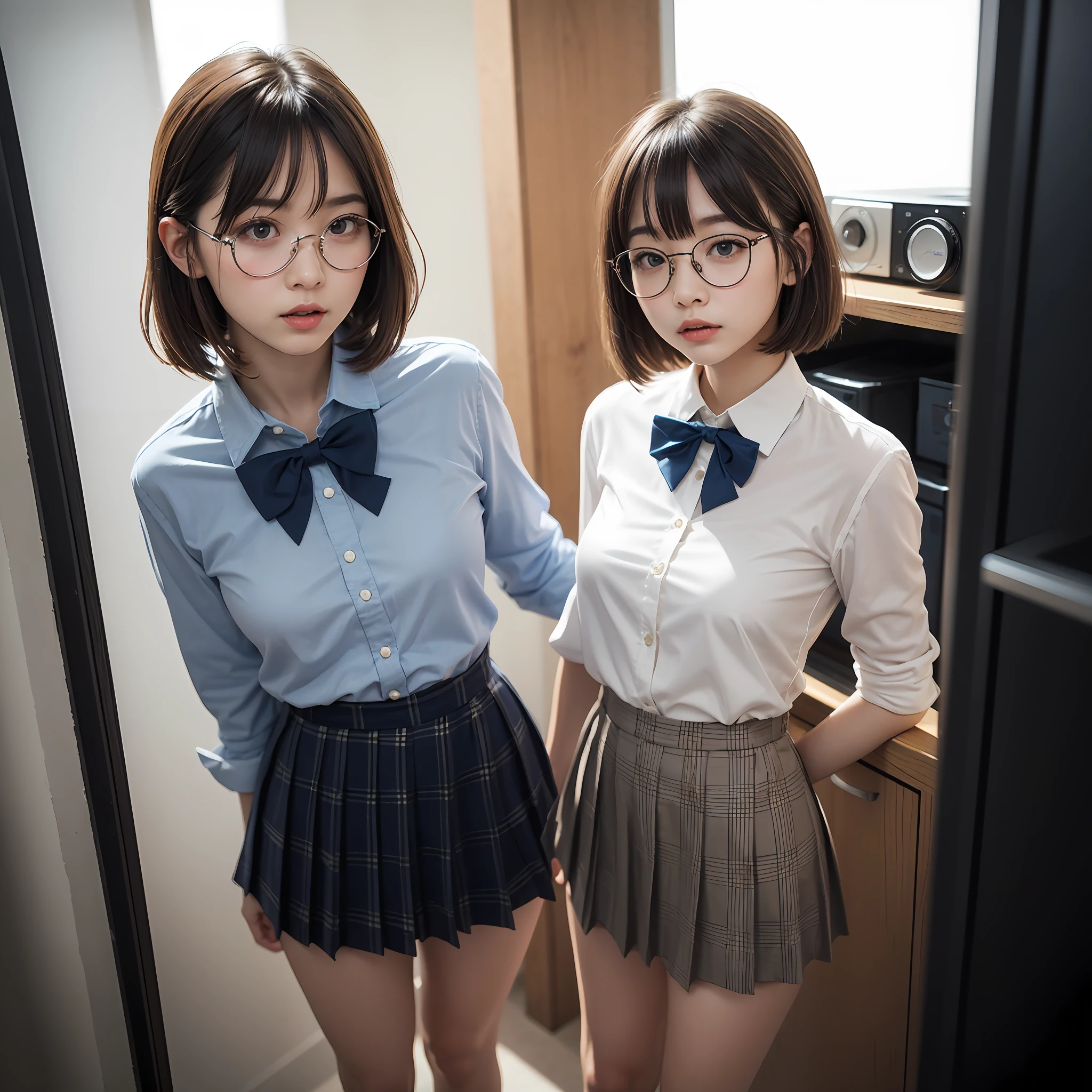 （8K、RAW Photography、best qulaity、masterwork：1.2）,ren,beaut,shorter hair,One person, 独奏,eyewear,,Dark look,Small breasts,full - body,Round glasses、a Pretty、Japanese female,standing a,Hard-eyed,Skinny,Rasping,anger,small tits,flat breasts（Realistic、photorealestic：1.37）、best qulaity、extra high resolution、Photon Mapping、、Light blue ribbon,Realistic、Cute little face,short hair ponytail,brown eyess、Black socks、Red bow tie、radiocity、Physically Based Rendering、Blurred、foreground、Depth-of-field、Blurry background、photos_\,The girls、Body, long legs, Thin leg, Medium hair,(Bangs are visible), Hair_ornament, s lips, Blue_eyes on, nosesoft,  Light blue shirt, Navy blue and white plaid pleated skirt, Sheer clothing, Black loafers, Thigh, Black cotton socks,