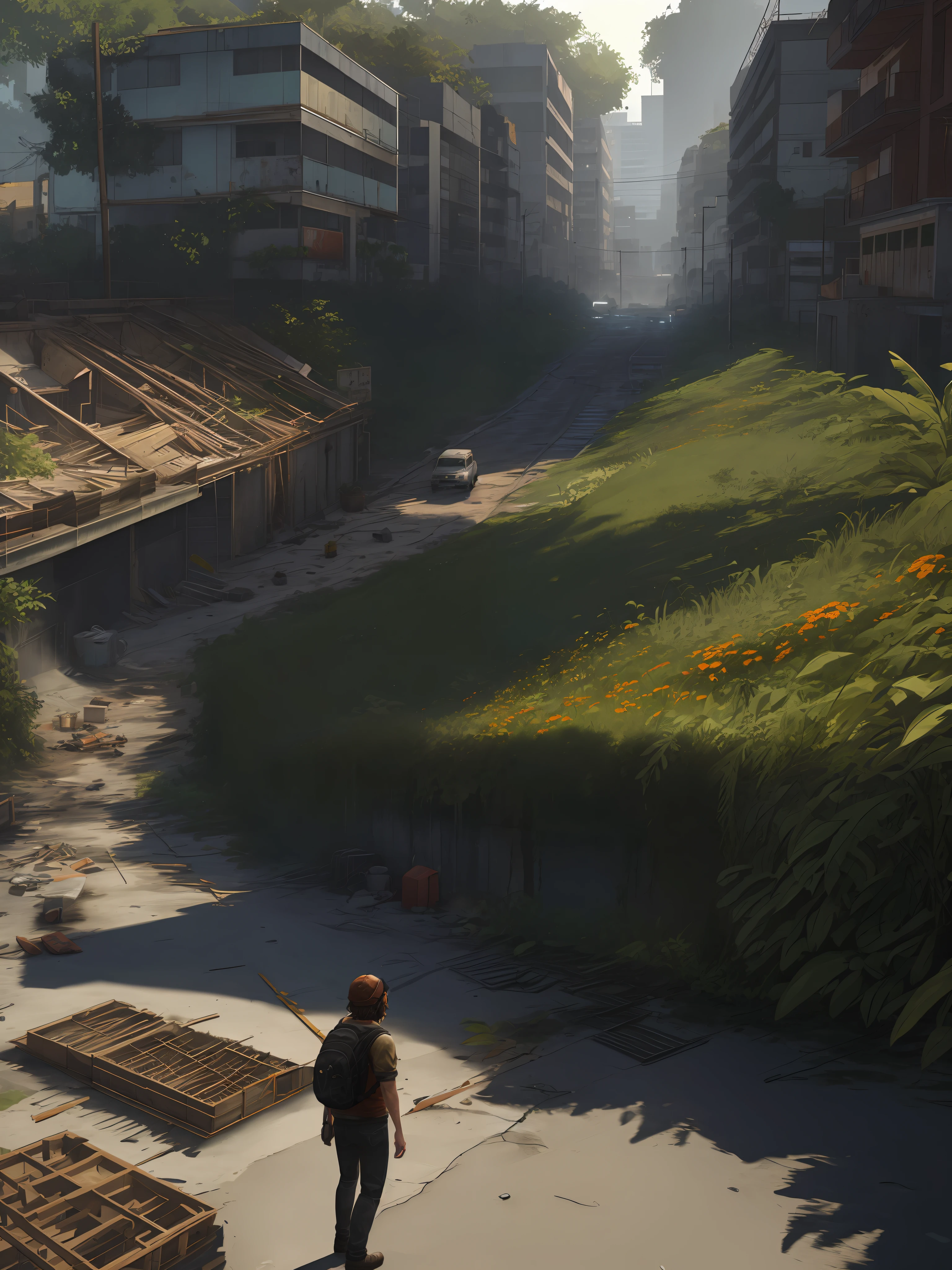 design de cidade totalmente destruida, ruas destruidas, ruas vazias, Muros altos, zona proibida, Construction taken by vegetation, Jogo de Cena: the Last of Us, illustration