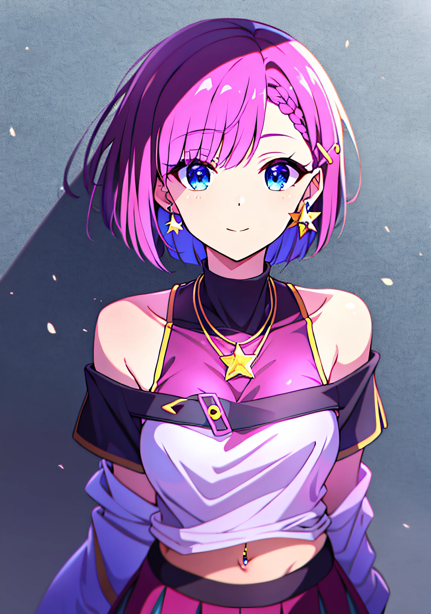 （（tmasterpiece））， best qualtiy， illustratio， The is very detailed， Off_Shoulder，dampness， （see through_White_Colorful_Lettered_tee shirt）， Purple Bob hair，Pink_flower_hair pin，Blue_Eyes，navel，The Arm_arms  cuffs，Star pendant earrings，pleated_Miniskirt，Gorgeous light and shadow，wink，