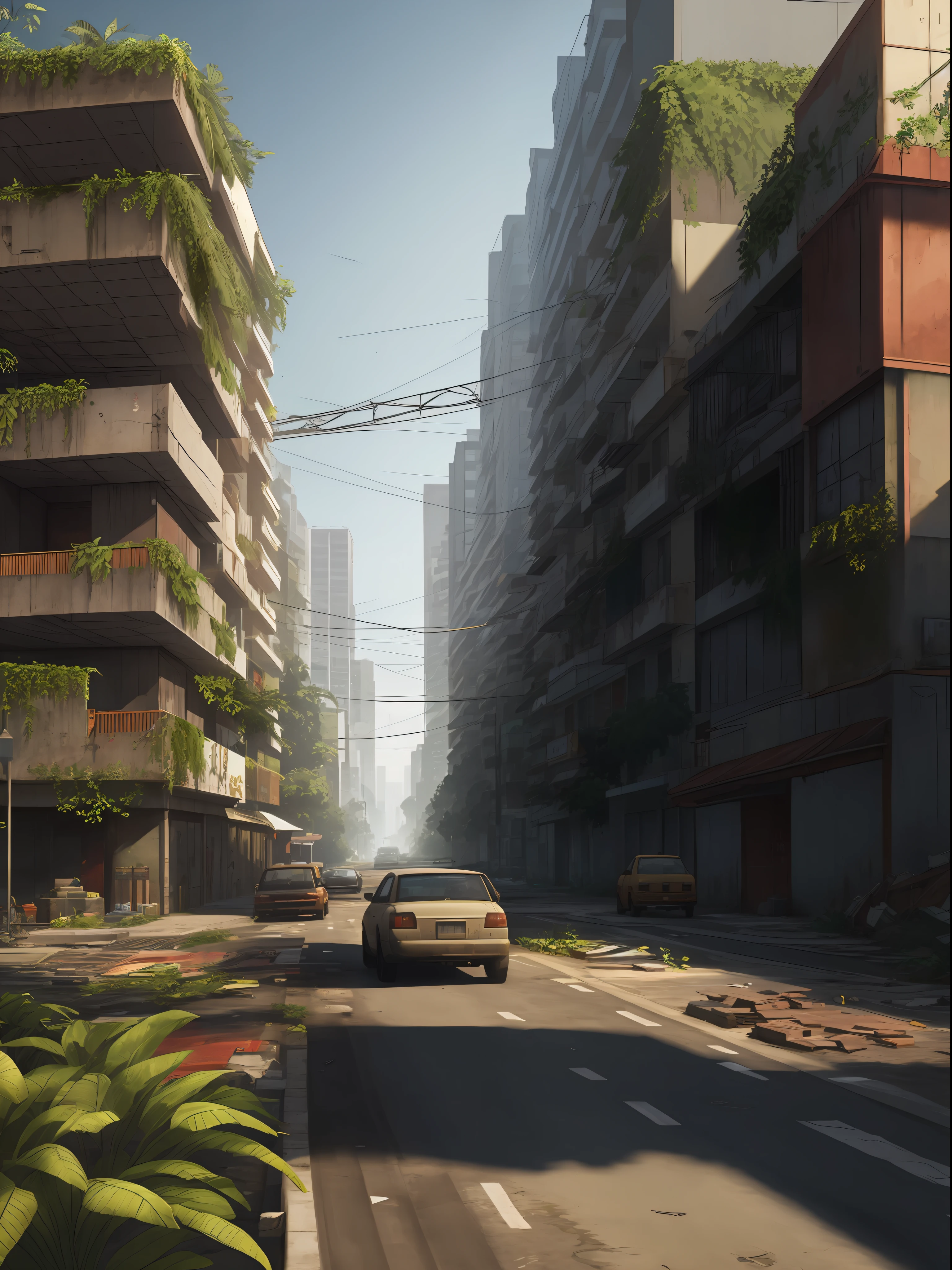 design de cidade totalmente destruida, ruas destruidas, ruas vazias, Muros altos, zona proibida, Construction taken by vegetation, Jogo de Cena: the Last of Us, illustration