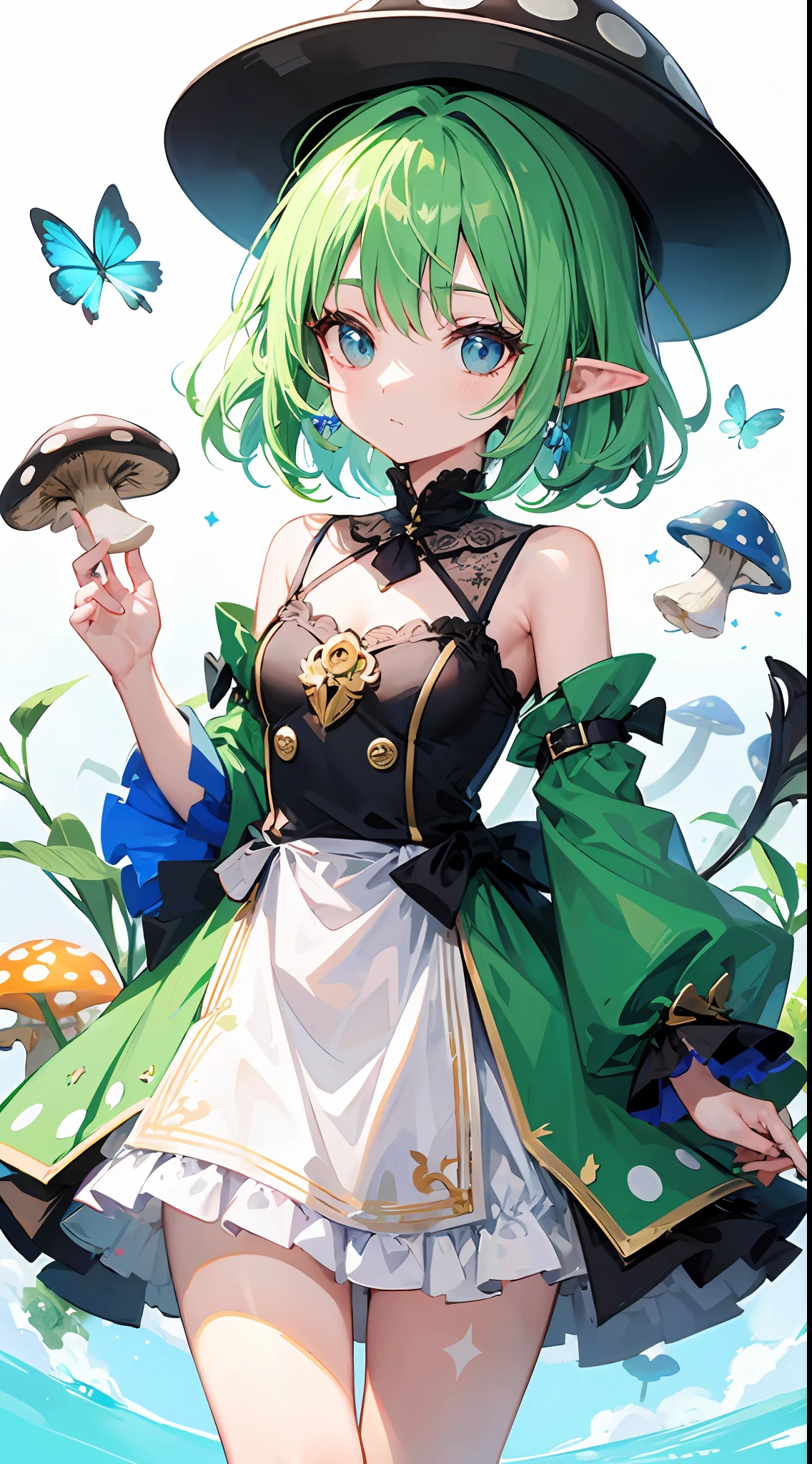 "Captivating mushroom fairy adorned with delightful white polka dots and an endearing toadstool hat."