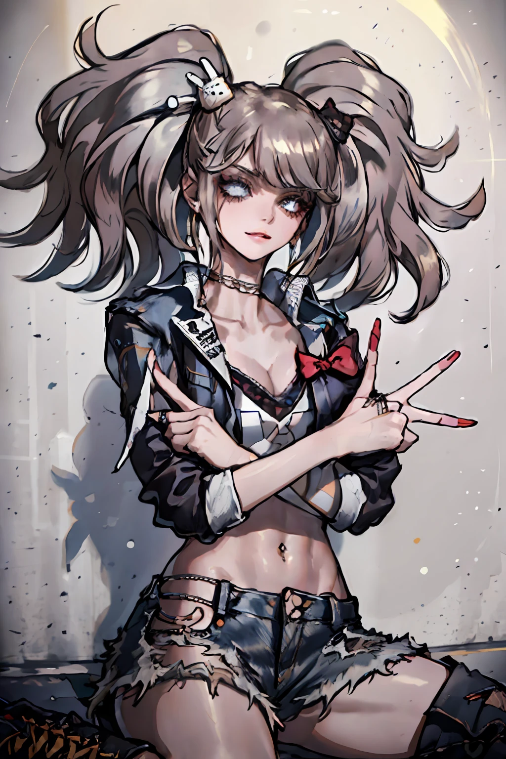 (masterpiece:1.2, best quality), (1lady, solo, upper body:1.2), Hair: buzz cut, Clothing: oversized, distressed denim jacket with patches and pins, paired with black skinny jeans and combat boots, Accessories: silver hoop earrings and a black choker necklace, Hanging out in an underground music venue or street art exhibit