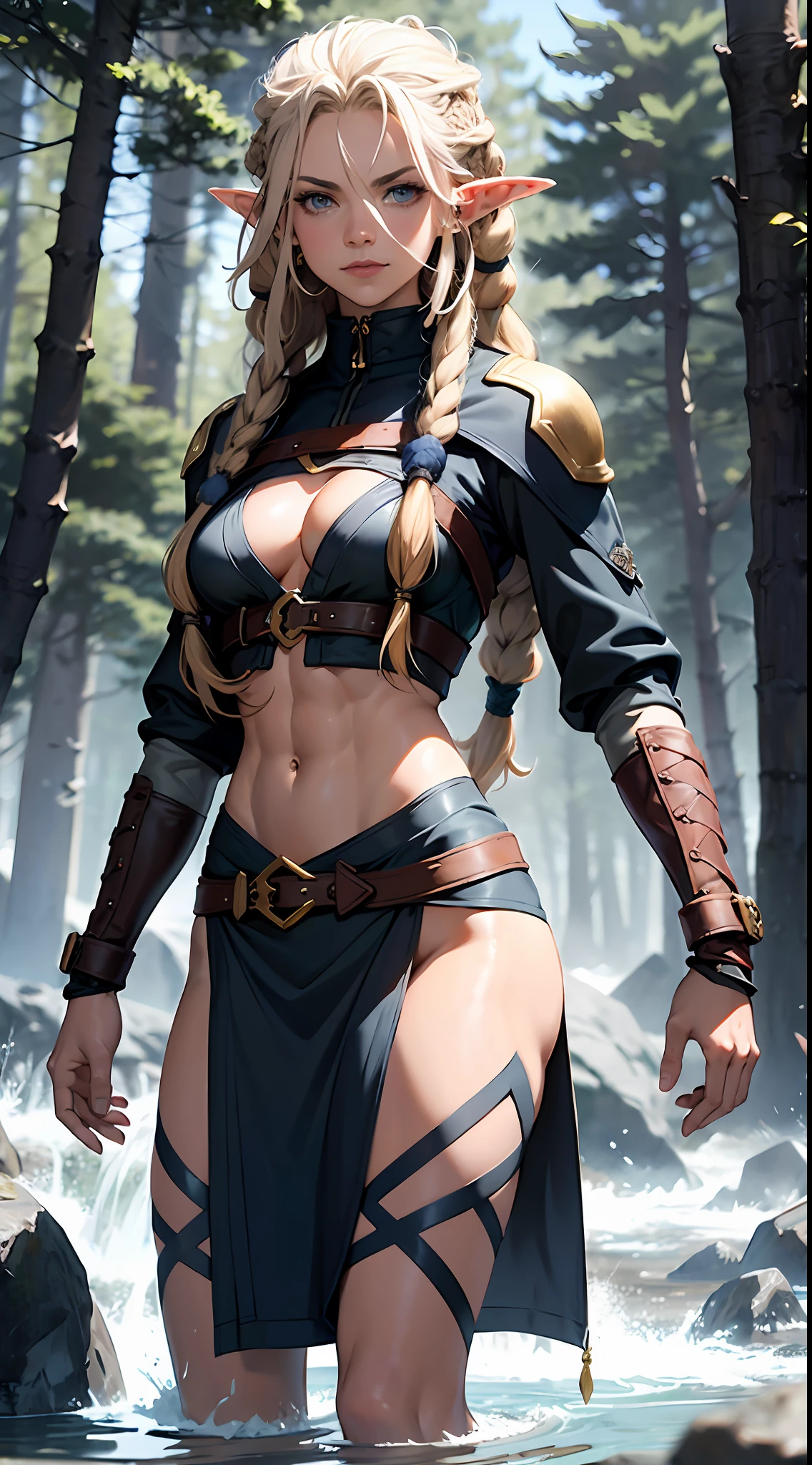 Senior elven warrior woman, (Young:1.2), (Muscular:1.2), coalescence, Wearing brown furs and hides, (Wear fur:1.3) (Blue Nordic tattoo:1.2), Blue eyes, Platinum blonde hair, (dreadlocks:1.7), (dreads:1.4), (Sideways:1.6), Warrior hair, Vast forest in summer, The stream flows, Bare arms, Exposed Navy, (Abs:1.2). Highly detailed, nordic, archer, Arm muscles, Leg muscles, (hulking:1.2), leather straps, (Tall:1.4)