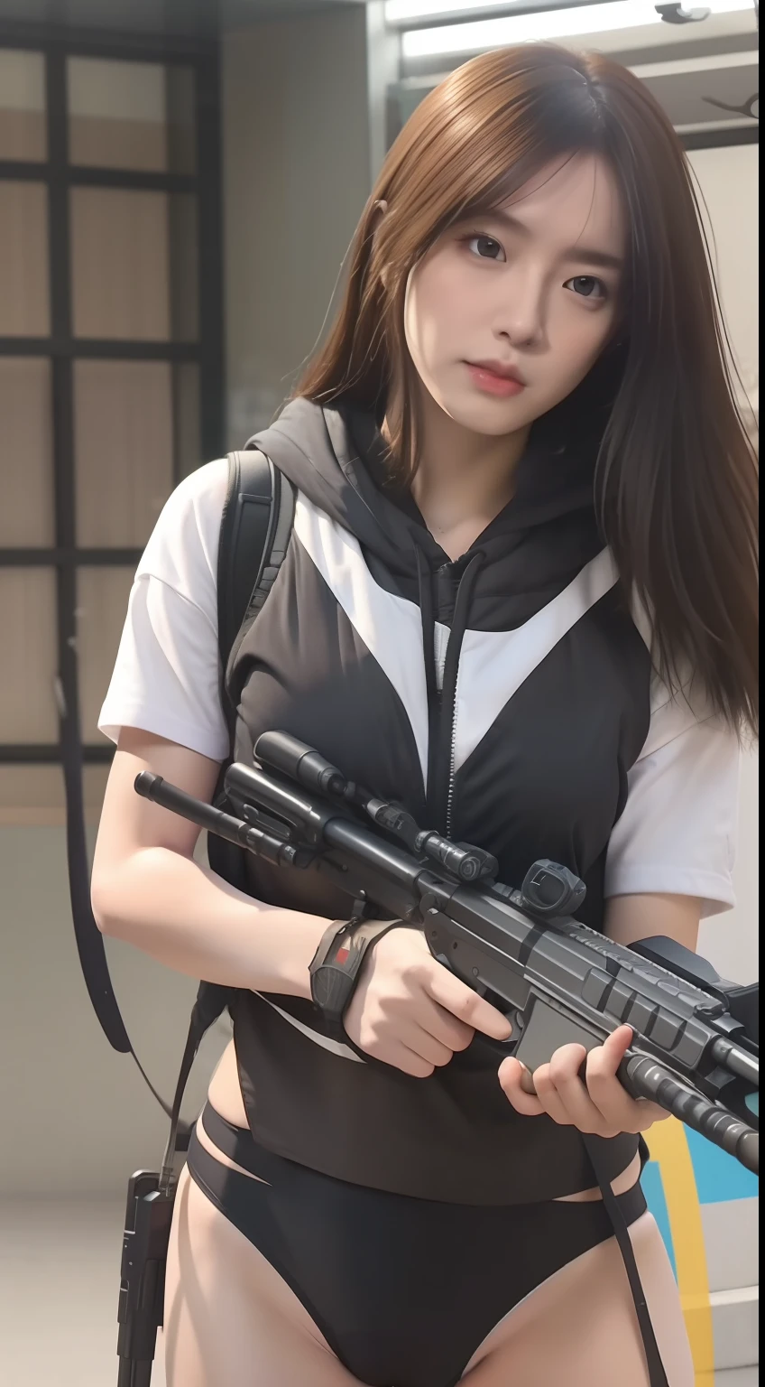 Female soldier in modern swimsuit combat uniform, full body, full body shot, Equipped with a state-of-the-art M4 gun, wearing state-of-the-art heavy armament equipment, long hair, wearing hood, frontal gaze treatment, Full Body, Female soldier wearing a modern combat bikini accommodation suit, hyper-realistic, high dynamic range, rich colors, lifelike textures, 8K UHD, high color depth, Nikon D 850, Kodak Portra 400, Fujifilm XT, 3D, 16k, render style, cinematic lighting, epic scene, action scene, epic perspective, octane render, hd, 16k, 32k, hyper detailed, hyper maximalist, hyper ornate, hyper realistic, extremely detailed, extremely intricate, vibrant volumetric colors, dramatic lighting, energetic, dynamic, powerful, immersive digital art by fvckrender and conrad roset and tsutomu nihe and brian viveros, volumetric lighting, raking light, intricate, masterpiece, vray render, artstation, unreal engine, fisheye lens, by studio mappa and studio fortiche and studio trigger and weta digital, high contrast, colograded, rim lighting, rembrandt lighting, accent lighting, global illumination, ray tracing, ambient occlusion, subsurface scattering, glowing particles, ray traced reflections, chromatic aberration, hyper realistic, volumetric lighting, atmospheric perspective, chrome reflections, hypermaximalist, maximalist, ornate, hyper realistic, insanely intricate details, super detailed, intricate detail, hdr, extremely detailed, perfectionism, immersive, octane render, photoshopped, post-production