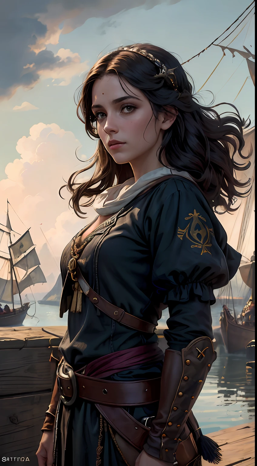 menina loira medieval (pirata: 1.2) com casaco preto, cintos, Slacks, standing on the docks in (Crowd of sailors: 1.1) leather and cold winter skin working beautiful overcast sky bright morning light (nevoeiro: 1.1) (chovendo: 1.1 ), (obra-prima:1.2) (illustration:1.1) (melhor qualidade:1.2), foco nítido, Studio photo, detalhes intrincados, altamente detalhado, profundidade de campo, foco nítido, High detail, textura de pele realista, Realistic, fotorrealista, Arte Digital, tinta escura, Directed by: Greg Rutkowski