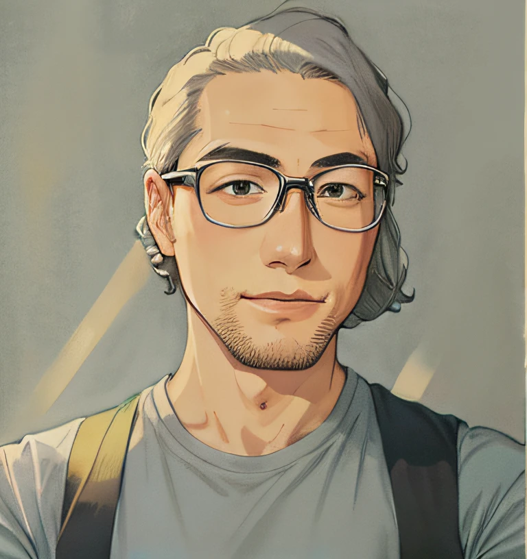 masuter piece、Best Quality、30's man、Wearing glasses、Årafed man in grey shirt