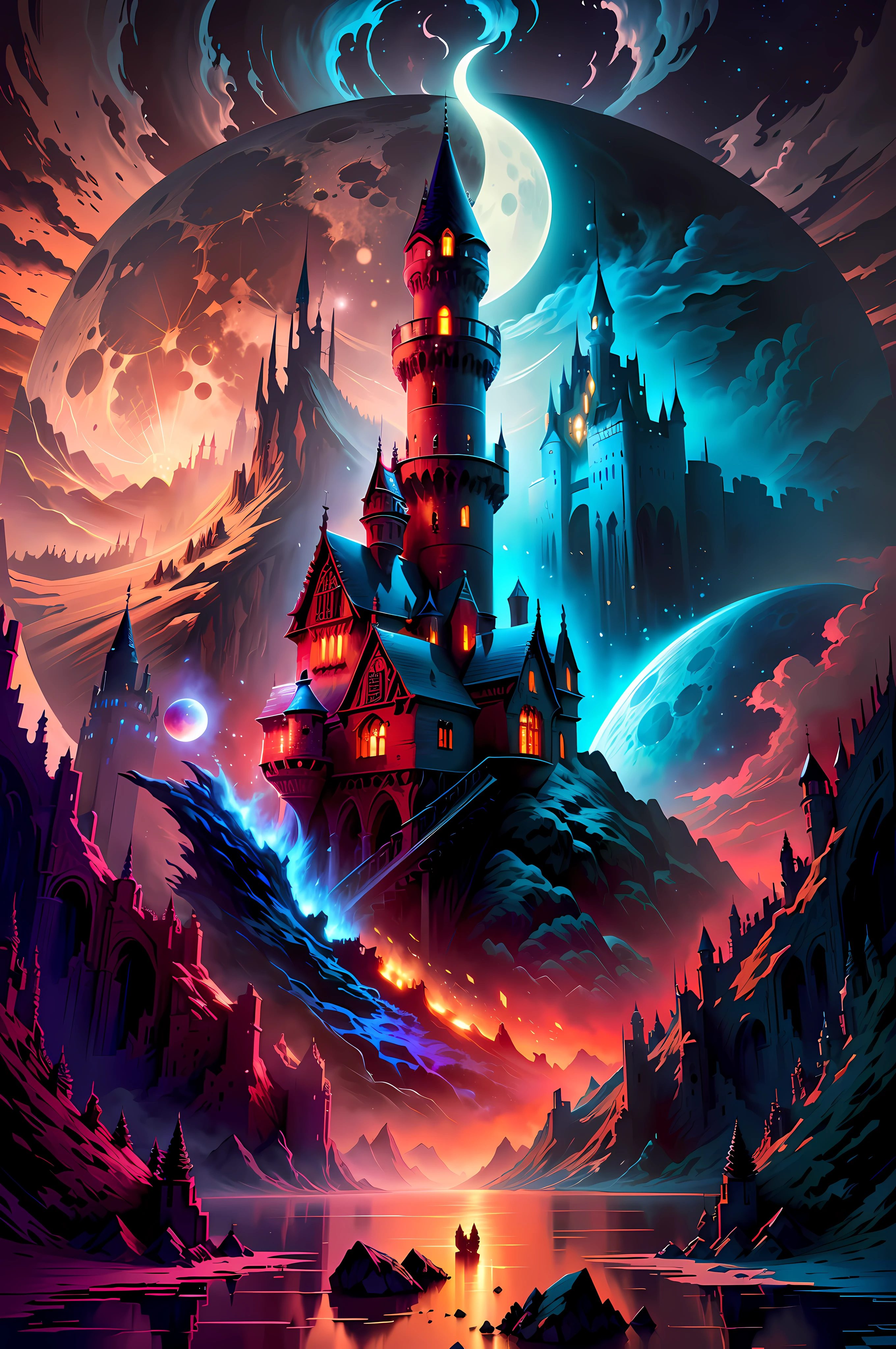 4k highly detailed digital art, 8K stunning artwork, 4K detailed digital art, Beautiful art UHD 4 K, 8K high quality detailed art, detailed fantasy digital art, 4 k hd illustrative wallpaper, Detailed digital 2D fantasy art, Inspired by Cyril Rolando, in the style dan mumford artwork，Close up of the moon in the sky，Moon Close-up，Red Moon and Blue Moon Close-up of castle with Full Moon as background, dark pastel castle background, dark castle background, shadowy castle background, Magical castle, Castle background, high detailed official artwork, scarry castle). mistic, Dark castle environment, Gothic castle,Gothic mansion, high fantasy castle, an ominous fantasy illustration, concept art magical highlight,Super luxurious old castle，The finishing touch，Special place。