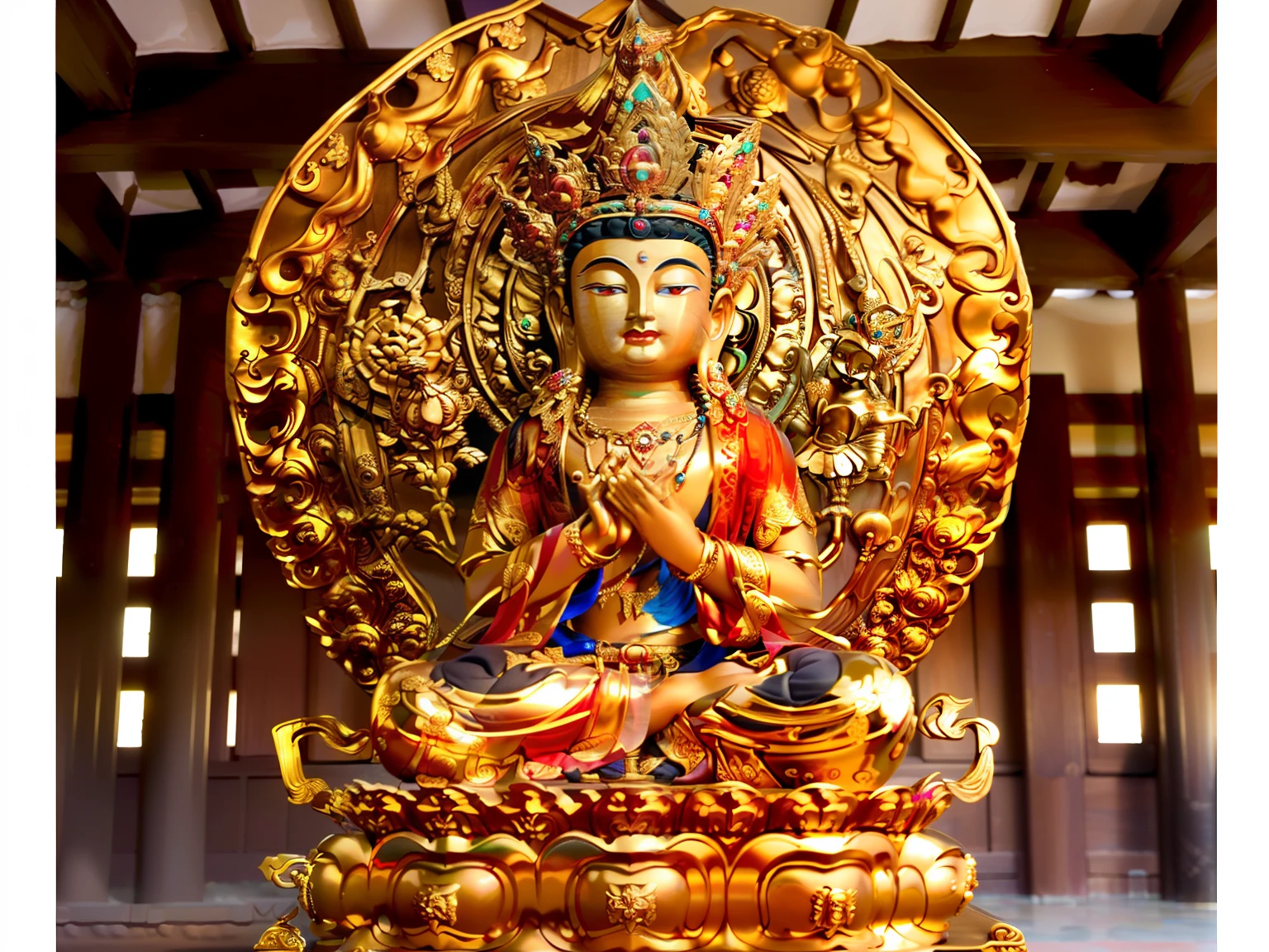 edd, Buddha, Maitreya Bodhisattva,Maitreya,A golden Buddha statue sits on top of a wooden box,There is a pearl necklace on the chest, 1boy, Bald, Barefoot, dark-skin_Male, Facial_Hair, Fat, jewelry, Male_Focus, necklace, , Solo