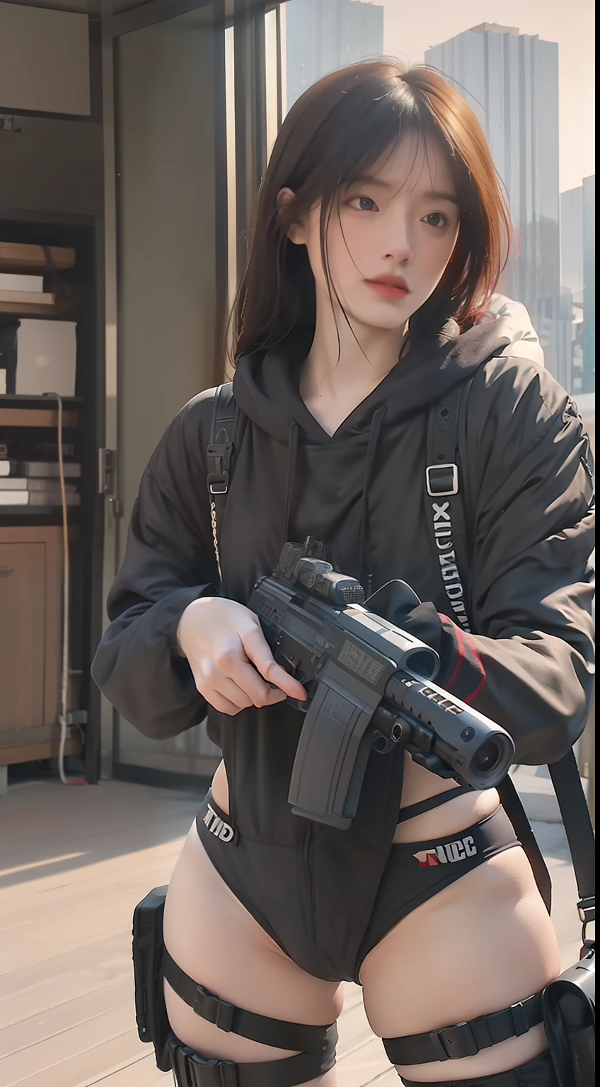 Female soldier in modern swimsuit combat uniform, full body, full body shot, Equipped with a state-of-the-art M4 gun, wearing state-of-the-art heavy armament equipment, long hair, wearing hood, frontal gaze treatment, Full Body, Female soldier wearing a modern combat bikini accommodation suit, hyper-realistic, high dynamic range, rich colors, lifelike textures, 8K UHD, high color depth, Nikon D 850, Kodak Portra 400, Fujifilm XT, 3D, 16k, render style, cinematic lighting, epic scene, action scene, epic perspective, octane render, hd, 16k, 32k, hyper detailed, hyper maximalist, hyper ornate, hyper realistic, extremely detailed, extremely intricate, vibrant volumetric colors, dramatic lighting, energetic, dynamic, powerful, immersive digital art by fvckrender and conrad roset and tsutomu nihe and brian viveros, volumetric lighting, raking light, intricate, masterpiece, vray render, artstation, unreal engine, fisheye lens, by studio mappa and studio fortiche and studio trigger and weta digital, high contrast, colograded, rim lighting, rembrandt lighting, accent lighting, global illumination, ray tracing, ambient occlusion, subsurface scattering, glowing particles, ray traced reflections, chromatic aberration, hyper realistic, volumetric lighting, atmospheric perspective, chrome reflections, hypermaximalist, maximalist, ornate, hyper realistic, insanely intricate details, super detailed, intricate detail, hdr, extremely detailed, perfectionism, immersive, octane render, photoshopped, post-production