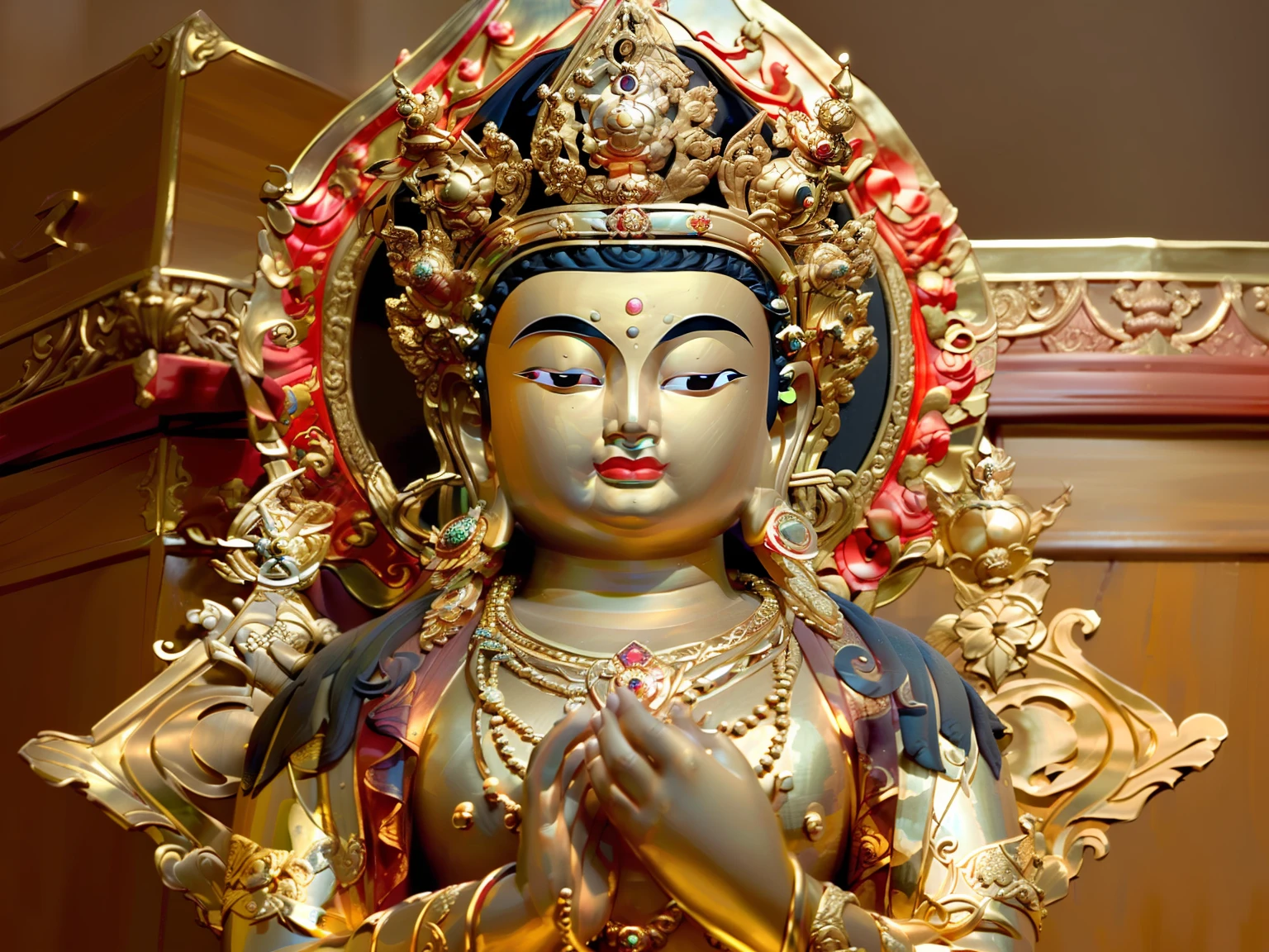 edd, Buddha, Maitreya Bodhisattva,Maitreya,A golden Buddha statue sits on top of a wooden box,There is a pearl necklace on the chest, 1boy, Bald, Barefoot, dark-skin_Male, Facial_Hair, Fat, jewelry, Male_Focus, necklace, , Solo
