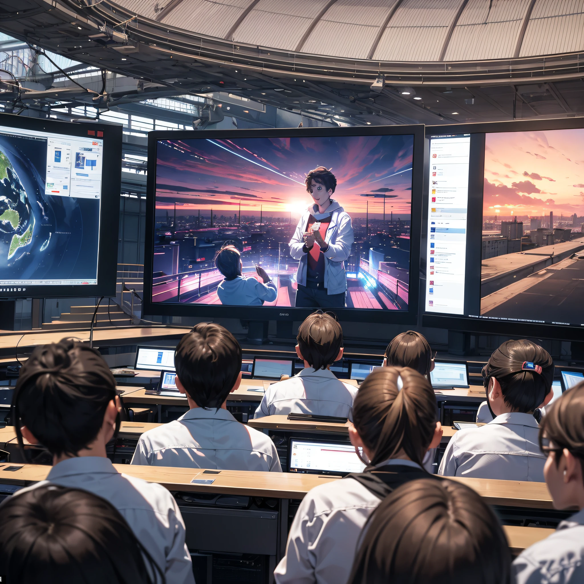 A group of researchers looked at the screen, the background was a large scientific observatory with many large screens, and there was a huge screen (1.5) in the middle, with a surprised and shocked expression
