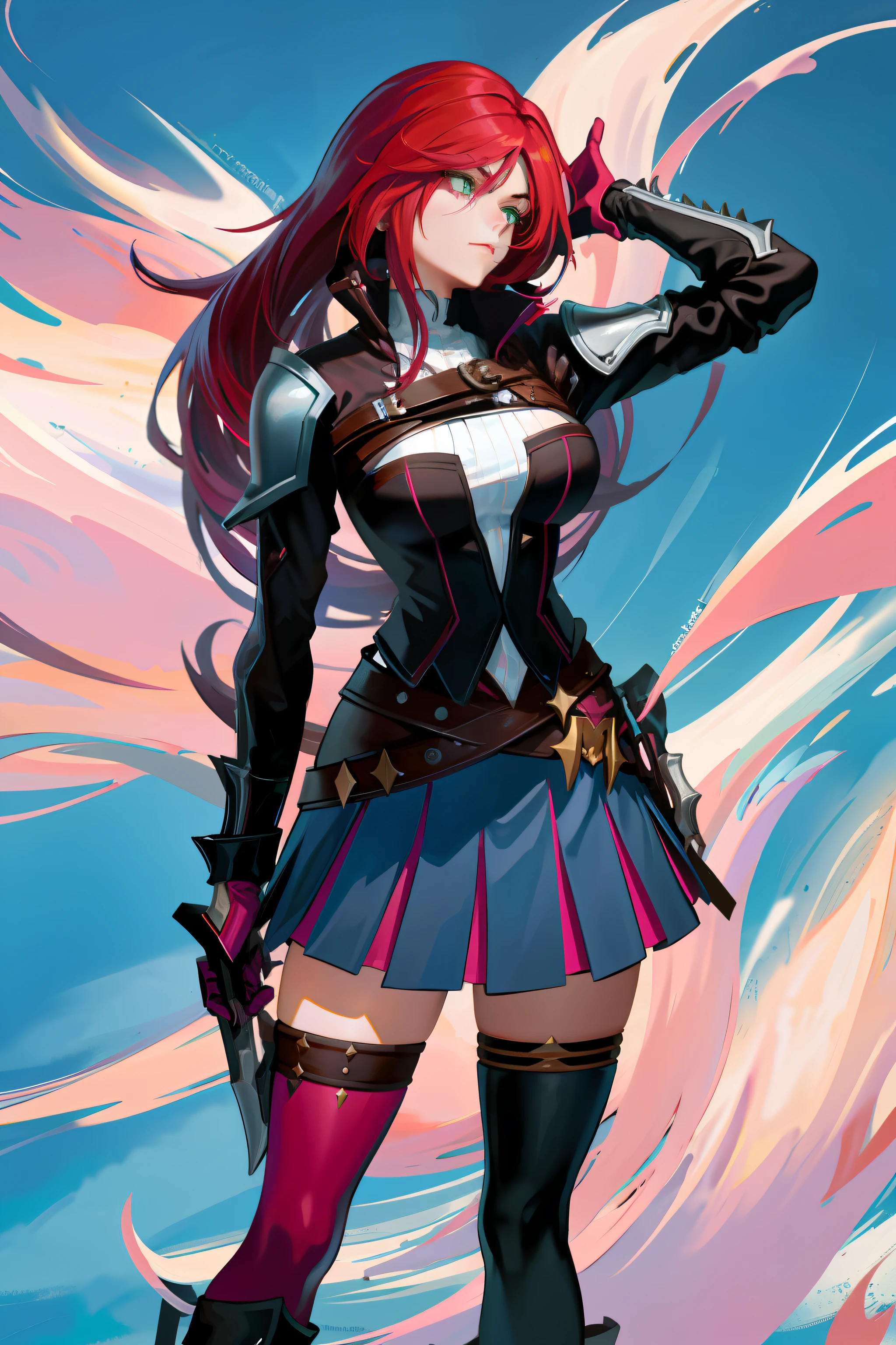 Katarina de League of Legends: 1.5), (cabelo vermelho 1.5), The character is the Katarina of League of Legends, She's holding a pink bear, Ela tem uma cicatriz grande vertical no olho esquerdo, (Grande cicatriz vertical olho esquerdo: 1.8), (extremely high quality, Amazing details:1.25), Cidade de fundo