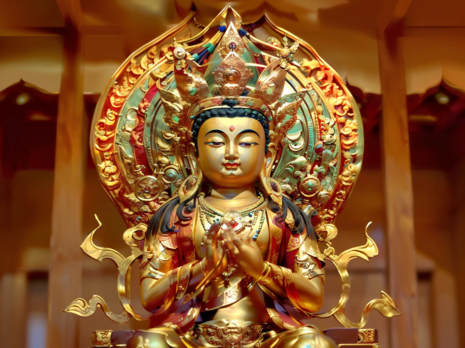 edd, Buddha, Maitreya Bodhisattva,Maitreya,A golden Buddha statue sits on top of a wooden box,There is a pearl necklace on the chest, 1boy, Bald, Barefoot, dark-skin_Male, Facial_Hair, Fat, jewelry, Male_Focus, necklace, , Solo