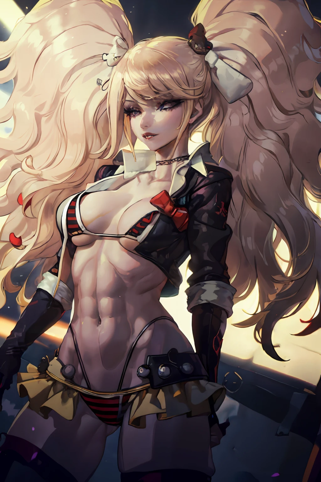 beautiful, (masterpiece:1.2), (best quality:1.2), perfect lighting, perfect eyes, perfect face, 1girl, bikini, bikini under clothes, black bikini, black choker, black gloves, black hair, black lips, black nails, black skirt, breasts, choker, cleavage, cropped jacket, cross, earrings, eyeliner, eyeshadow, fingerless gloves, gloves, hand on hip, highleg, highleg bikini, huge breasts, jacket, jewelry, lips, lipstick, long hair, makeup, microskirt, miniskirt, navel, open clothes, open jacket, red eyes, skirt, sleeves pushed up, solo, standing, striped, striped bikini, striped thighhighs, swimsuit, thighhighs, thighs, underboob