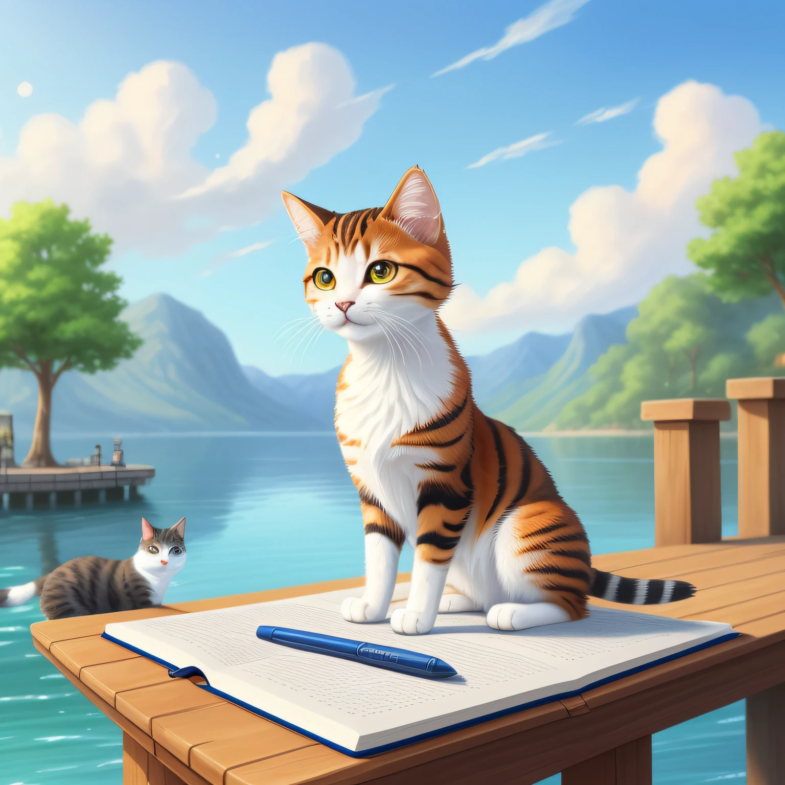 There was a cat sitting on the dock,Hold a book and pen, lovely digital painting, Cute detailed digital art, adorable digital art, realistic anime cat, furry artist, cute detailed artwork, warrior cats fan art, fursona art, cat. Digital painting, Detailed fanart, Detailed painting 4 K, Beautiful digital artwork, Realistic illustration, overdetailed art, Detailed art