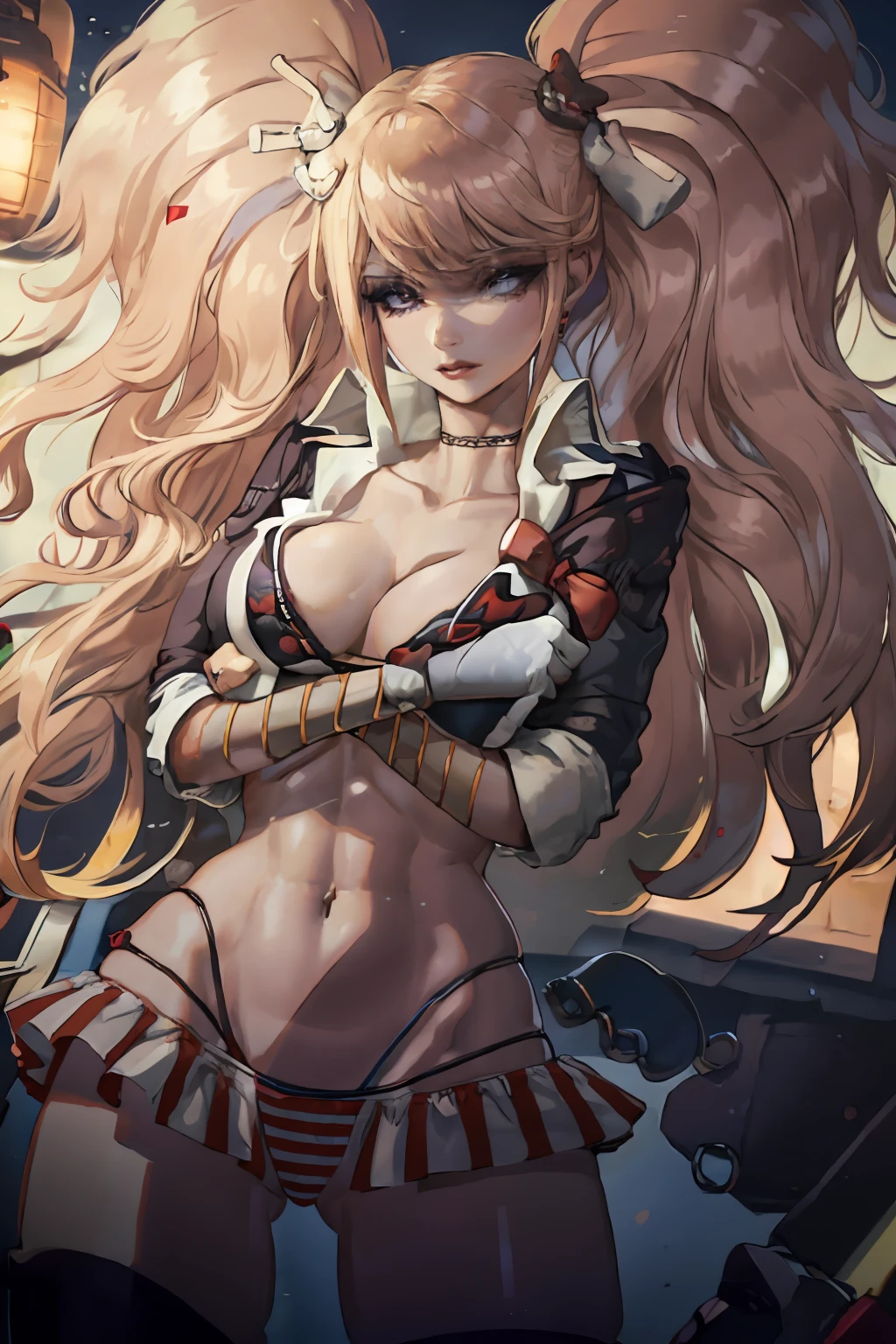 beautiful, (masterpiece:1.2), (best quality:1.2), perfect lighting, perfect eyes, perfect face, 1girl, bikini, bikini under clothes, black bikini, black choker, black gloves, black hair, black lips, black nails, black skirt, breasts, choker, cleavage, cropped jacket, cross, earrings, eyeliner, eyeshadow, fingerless gloves, gloves, hand on hip, highleg, highleg bikini, huge breasts, jacket, jewelry, lips, lipstick, long hair, makeup, microskirt, miniskirt, navel, open clothes, open jacket, red eyes, skirt, sleeves pushed up, solo, standing, striped, striped bikini, striped thighhighs, swimsuit, thighhighs, thighs, underboob